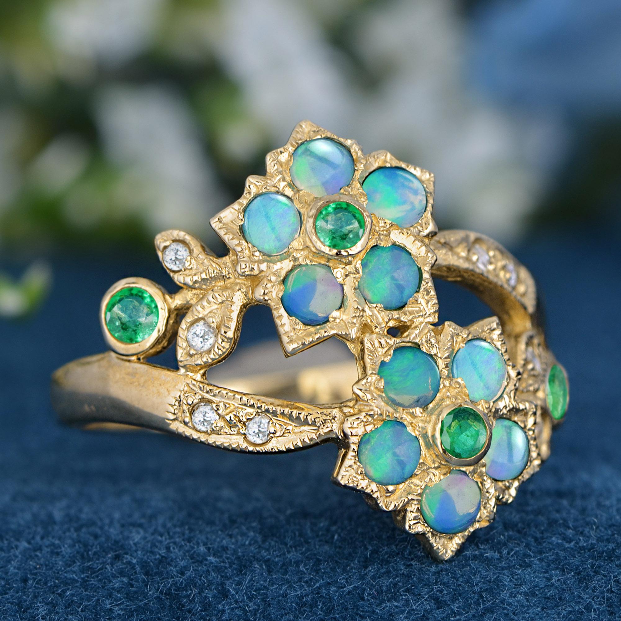 Victorian Emerald Opal and Diamond Vintage Style Floral Cluster Ring in Solid 9K Gold