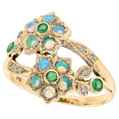Emerald Opal and Diamond Vintage Style Floral Cluster Ring in Solid 9K Gold
