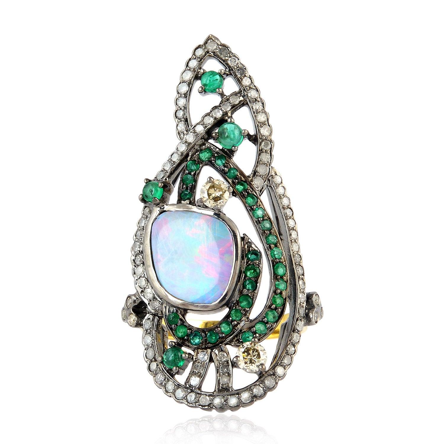 For Sale:  Emerald Opal Diamond Cocktail Ring 4