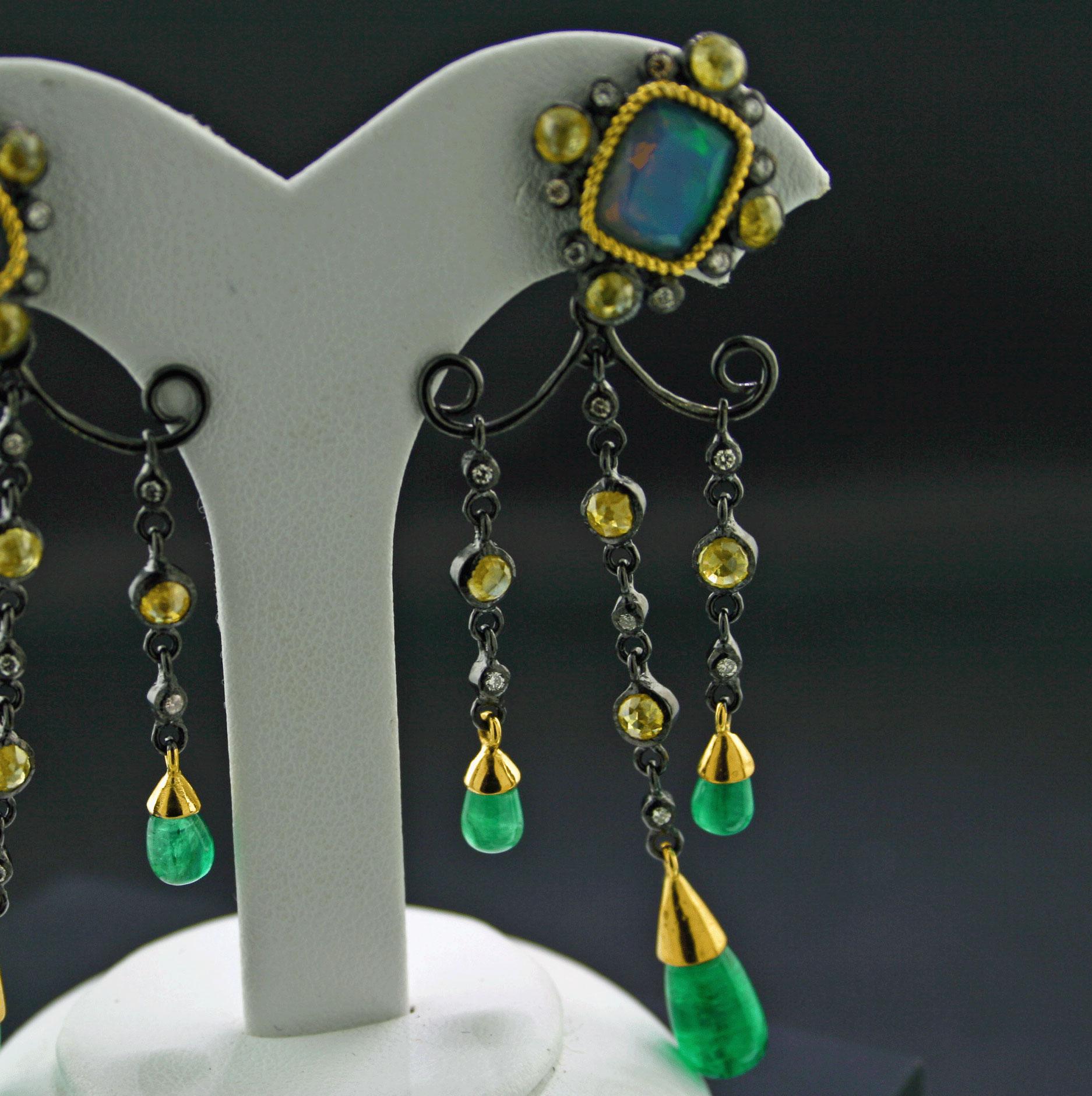 Modern Emerald Ethiopian Opal Earrings with 3.80 ct Diamonds Chandelier Shape UNIQUE For Sale