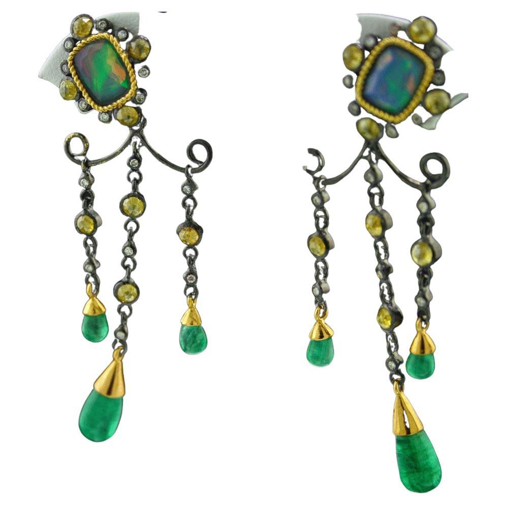 Emerald Ethiopian Opal Earrings with 3.80 ct Diamonds Chandelier Shape UNIQUE