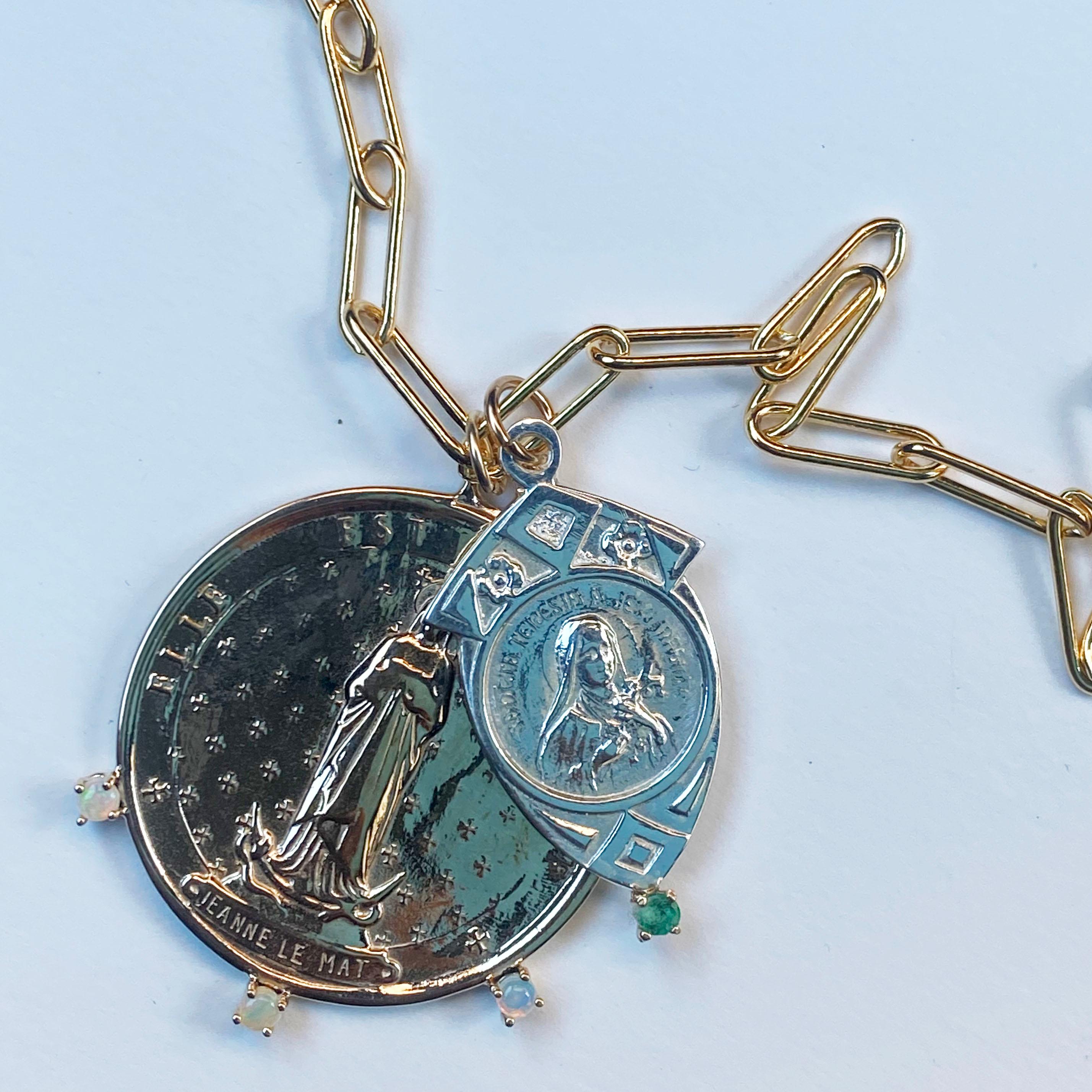 Victorian Emerald Opal Medal Chain Necklace Saints Virgin Mary French J Dauphin For Sale