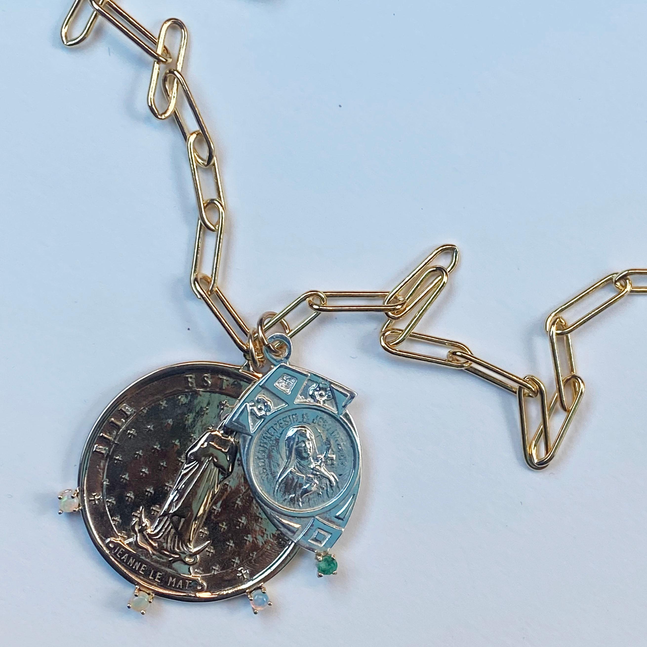 Brilliant Cut Emerald Opal Medal Chain Necklace Saints Virgin Mary French J Dauphin For Sale