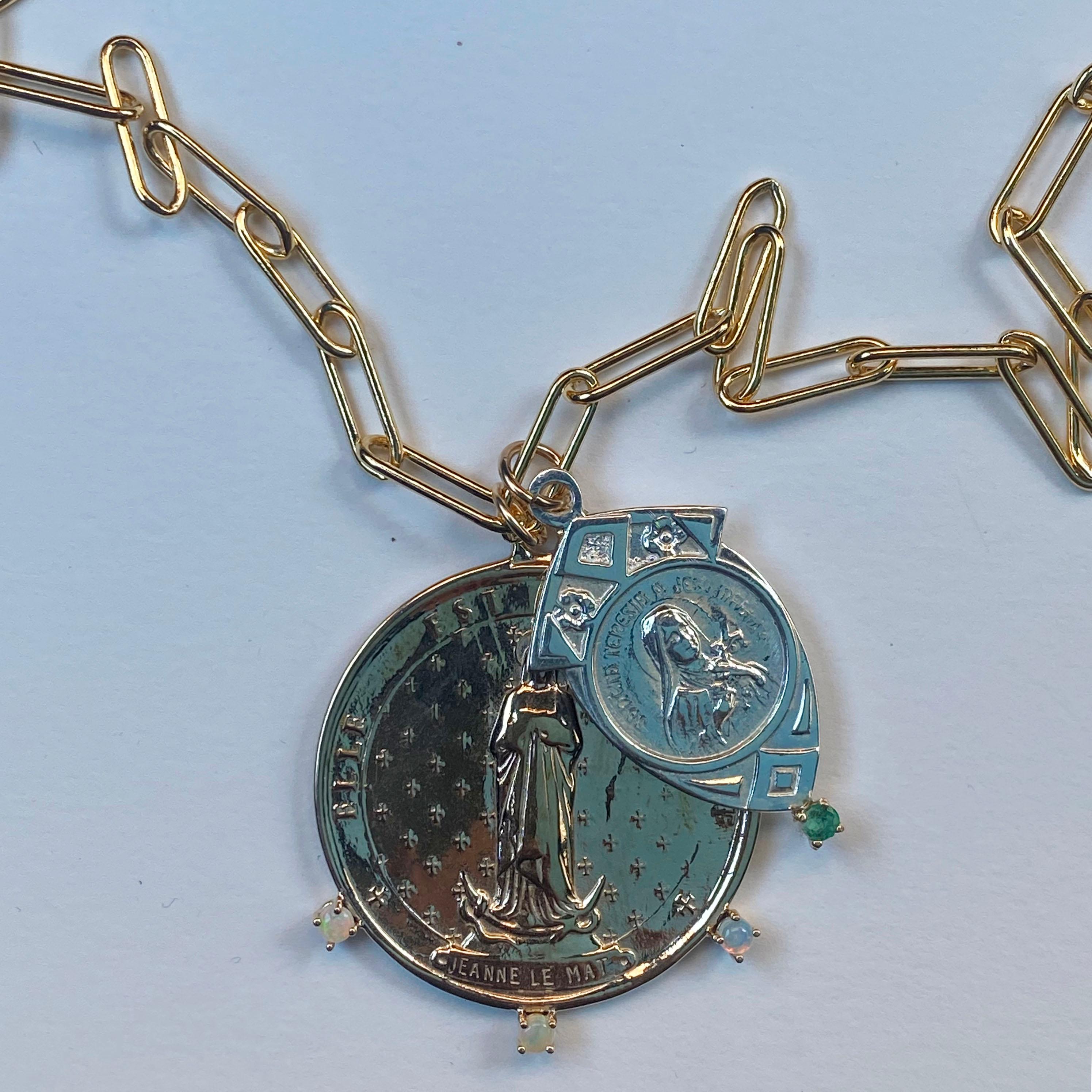Emerald Opal Medal Chain Necklace Saints Virgin Mary French J Dauphin In New Condition For Sale In Los Angeles, CA