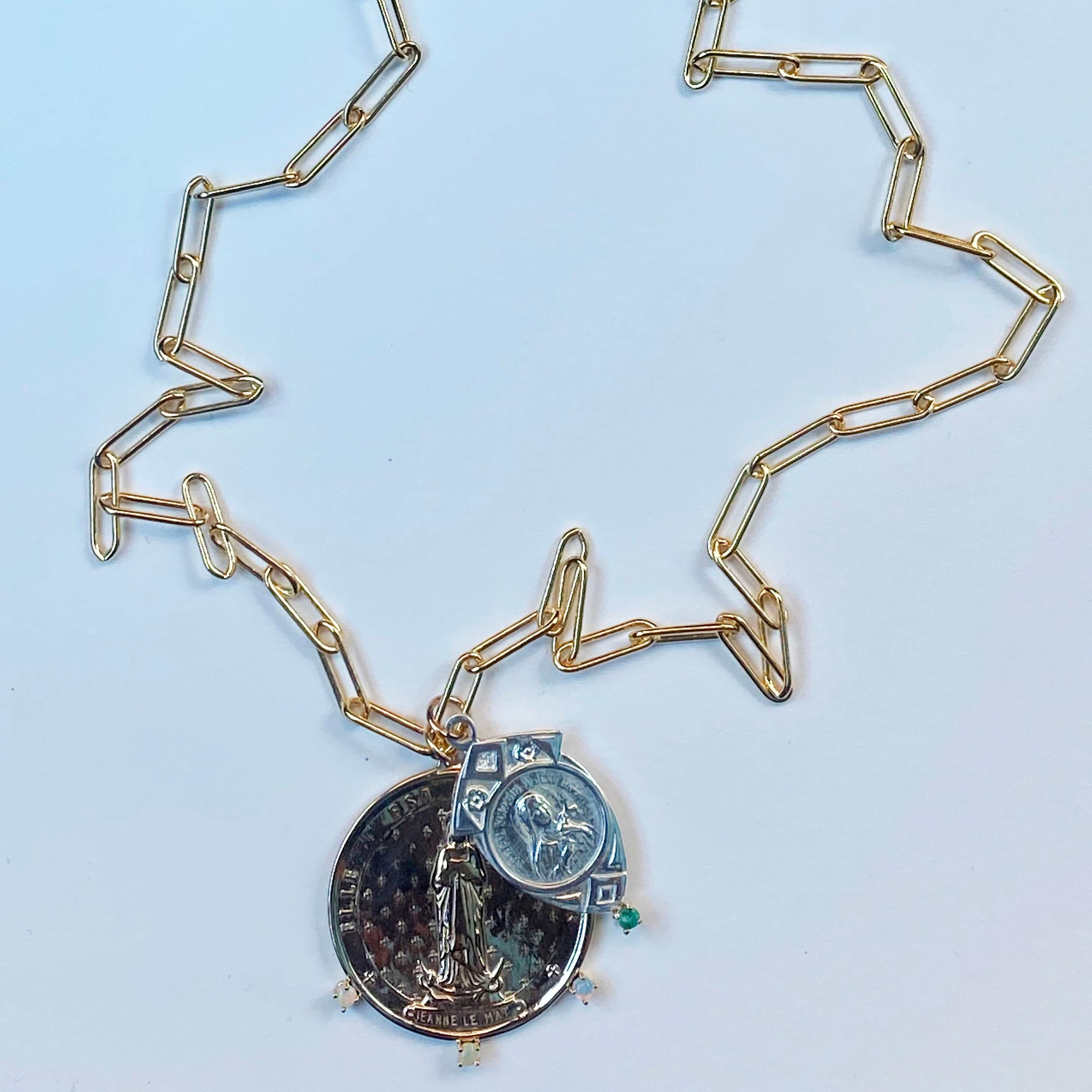 Women's Emerald Opal Medal Chain Necklace Saints Virgin Mary French J Dauphin For Sale