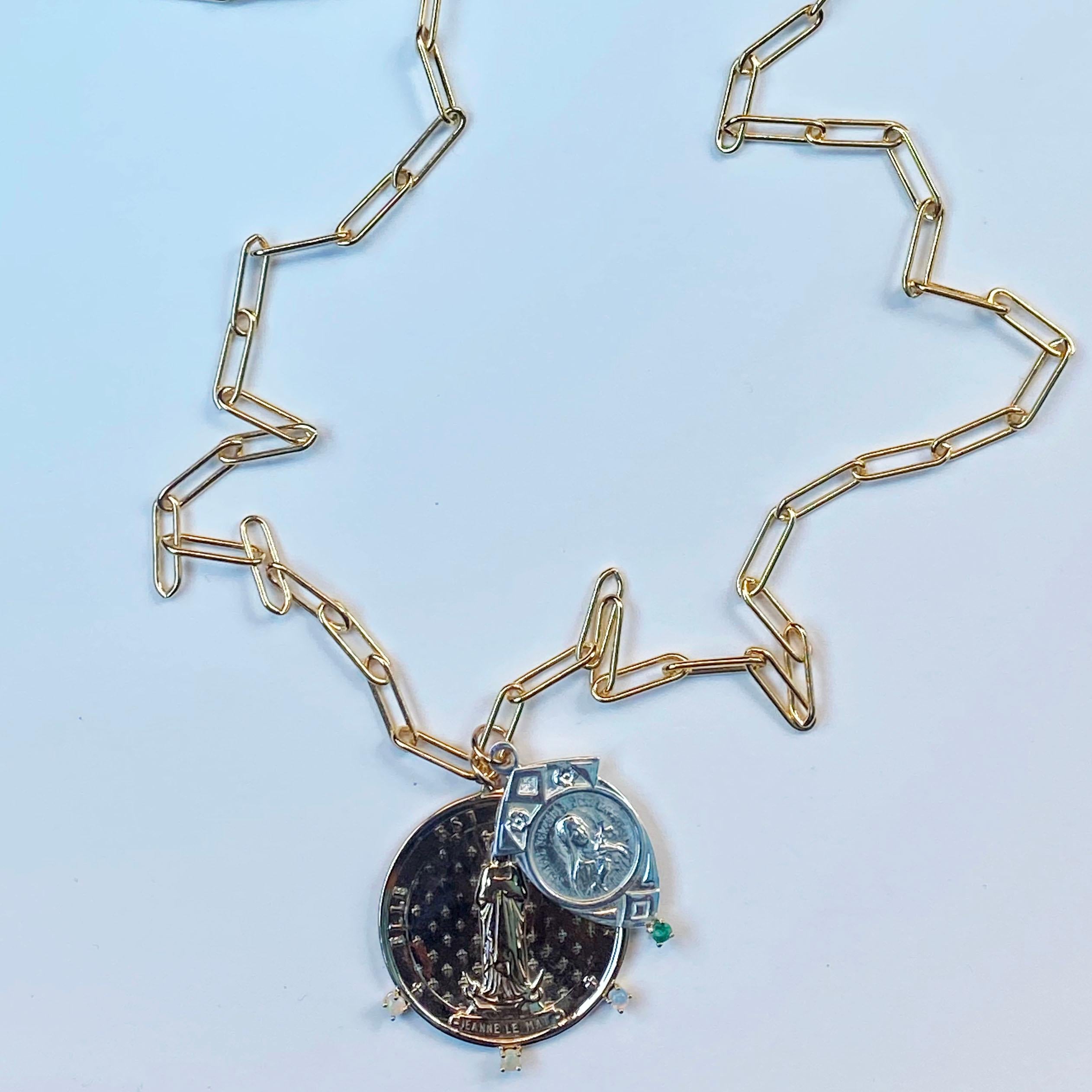 Emerald Opal Medal Chain Necklace Saints Virgin Mary French J Dauphin For Sale 1