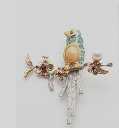 Emerald, Opal, Pearl, Garnet Bird Brooch in Sterling Silver & Goldplate