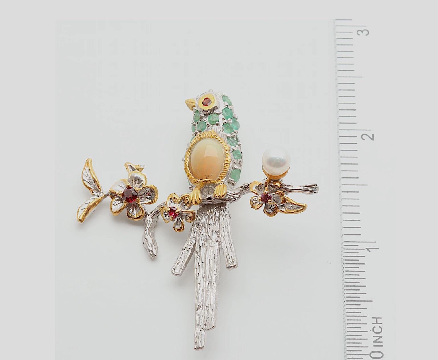 Art Deco Emerald, Opal, Pearl, Garnet Bird Brooch in Sterling Silver & Goldplate For Sale