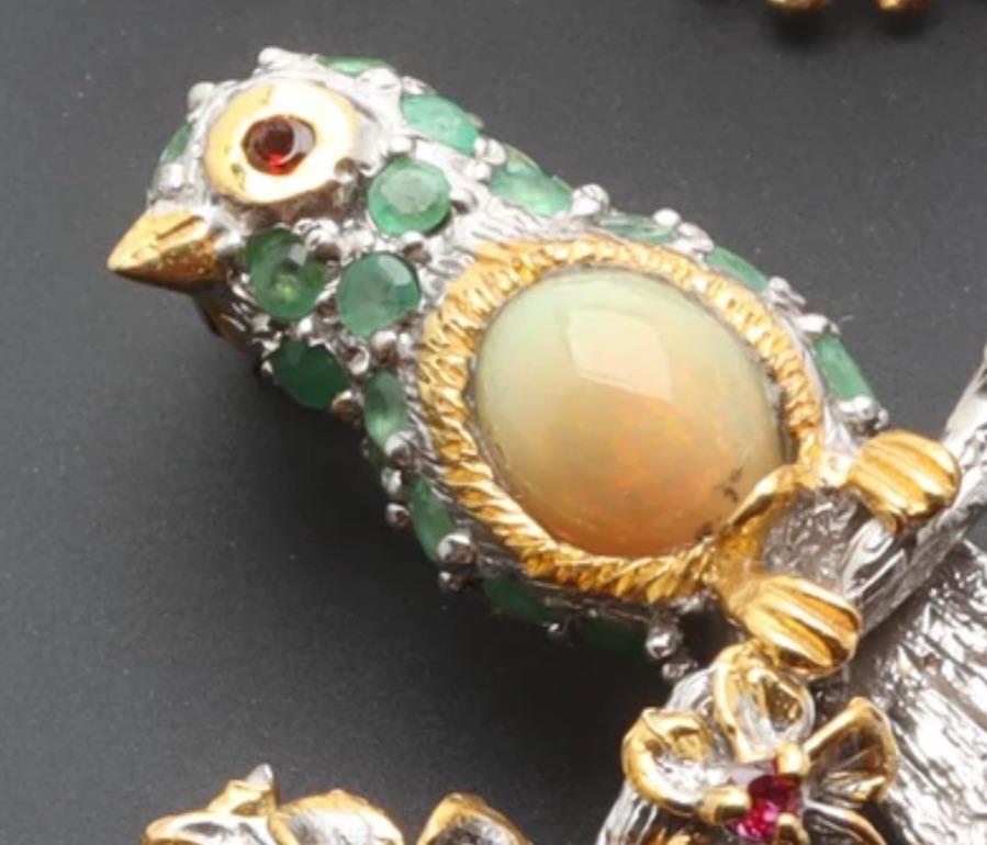 Emerald, Opal, Pearl, Garnet Bird Brooch in Sterling Silver & Goldplate In Good Condition For Sale In West Palm Beach, FL