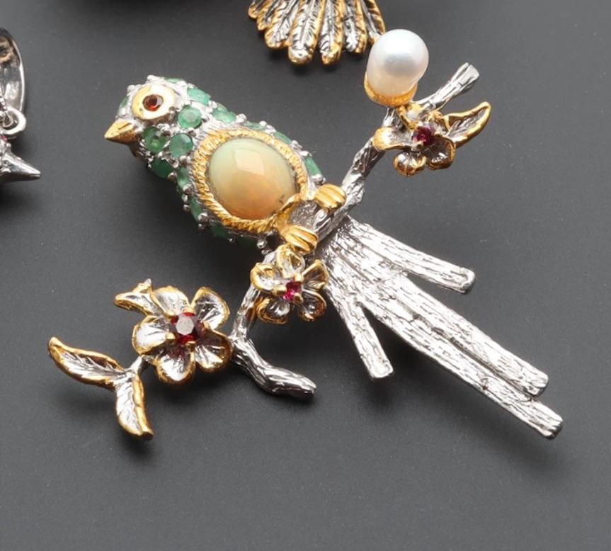 Women's Emerald, Opal, Pearl, Garnet Bird Brooch in Sterling Silver & Goldplate For Sale