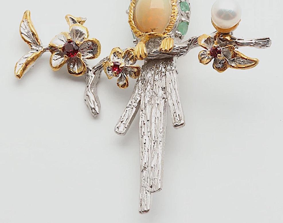 Emerald, Opal, Pearl, Garnet Bird Brooch in Sterling Silver & Goldplate For Sale 3
