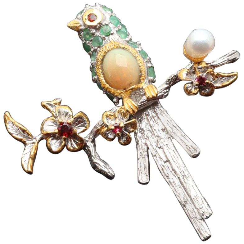 Emerald, Opal, Pearl, Garnet Bird Brooch in Sterling Silver & Goldplate For Sale