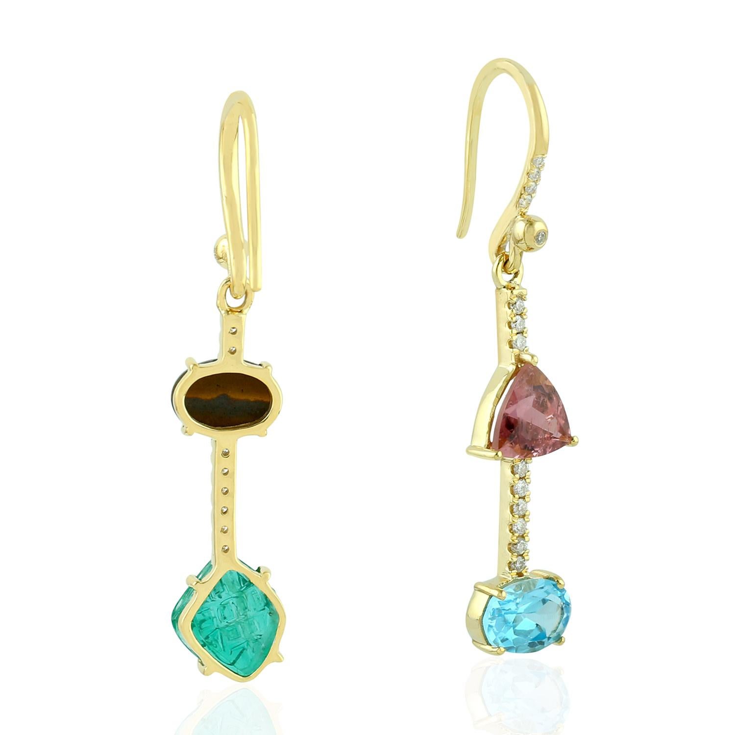 Modern Emerald Opal Topaz Diamond 18 Karat Gold Linear Earrings For Sale