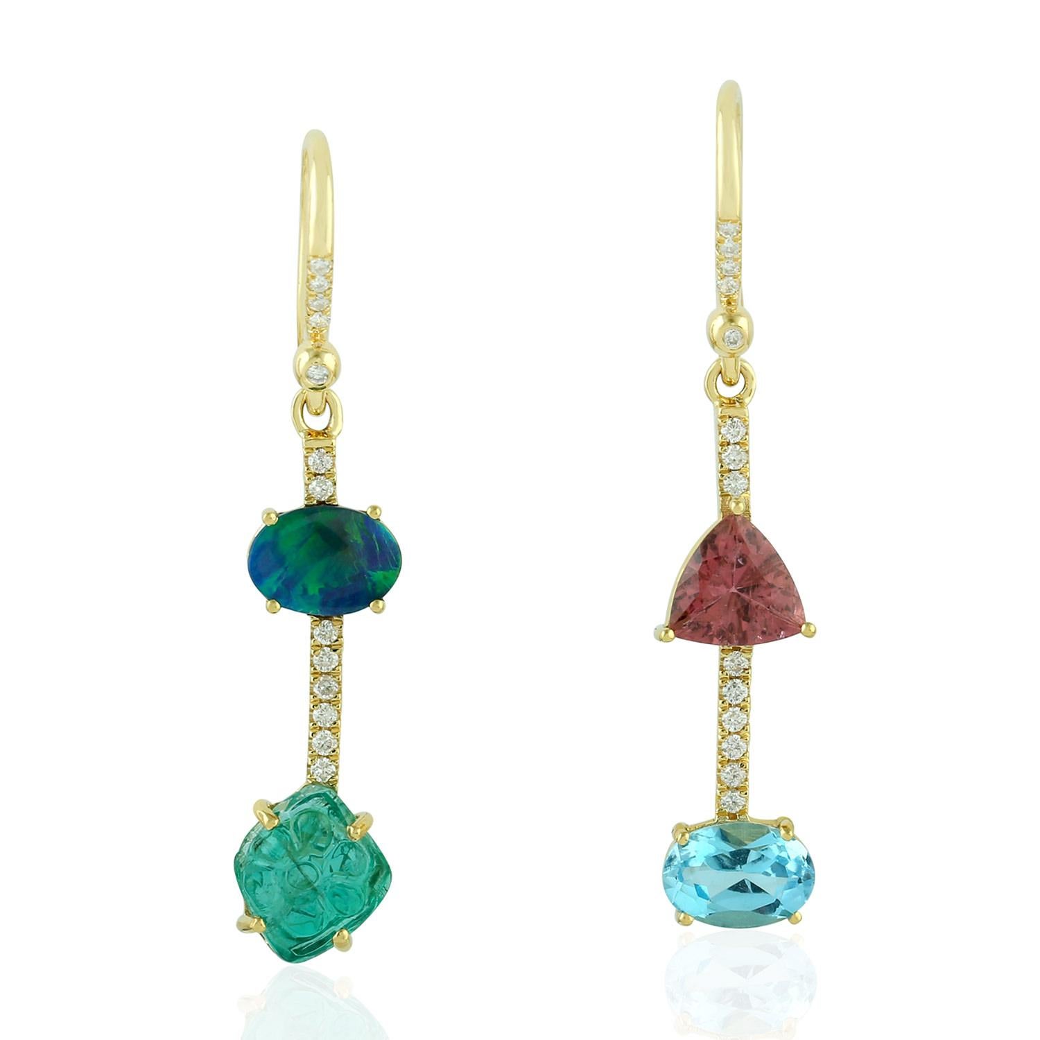 Mixed Cut Emerald Opal Topaz Diamond 18 Karat Gold Linear Earrings For Sale
