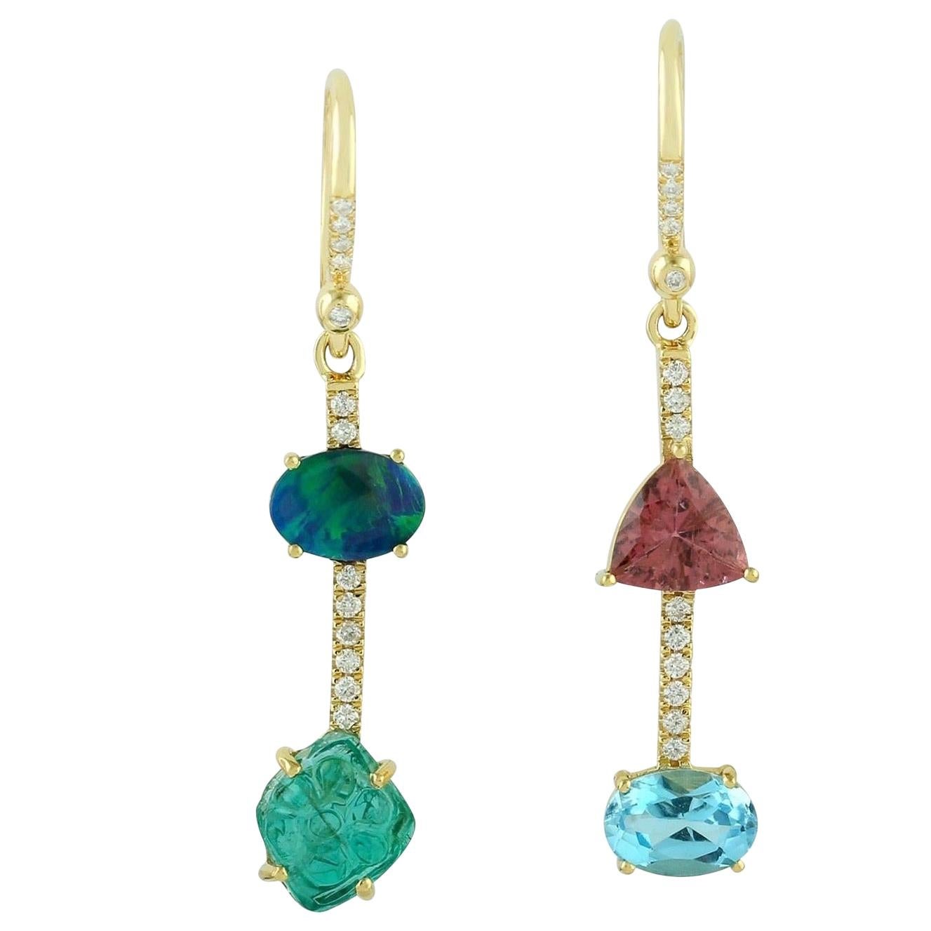 Emerald Opal Topaz Diamond 18 Karat Gold Linear Earrings