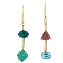 Emerald Opal Topaz Diamond 18 Karat Gold Linear Earrings