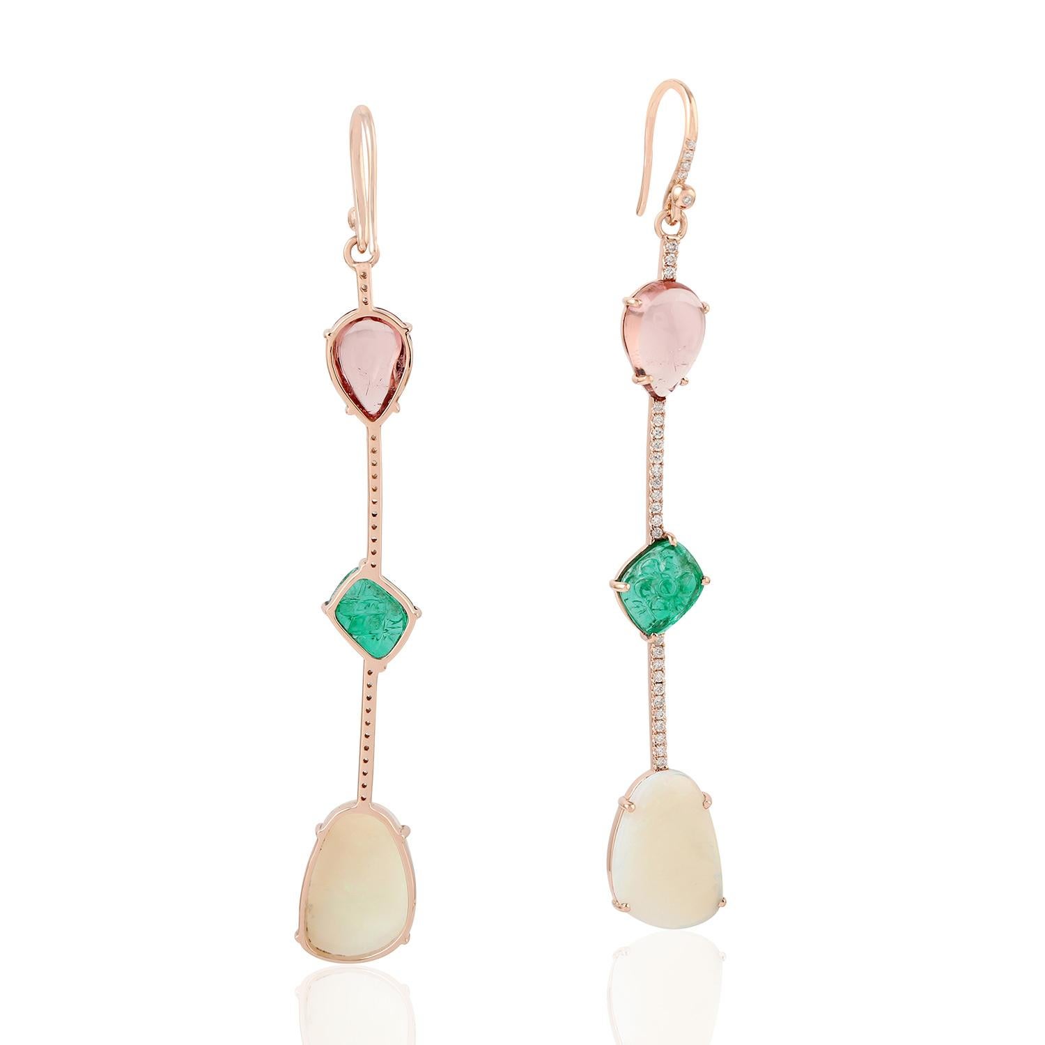 Mixed Cut Emerald Opal Tourmaline 18 Karat Gold Linear Diamond Earrings For Sale