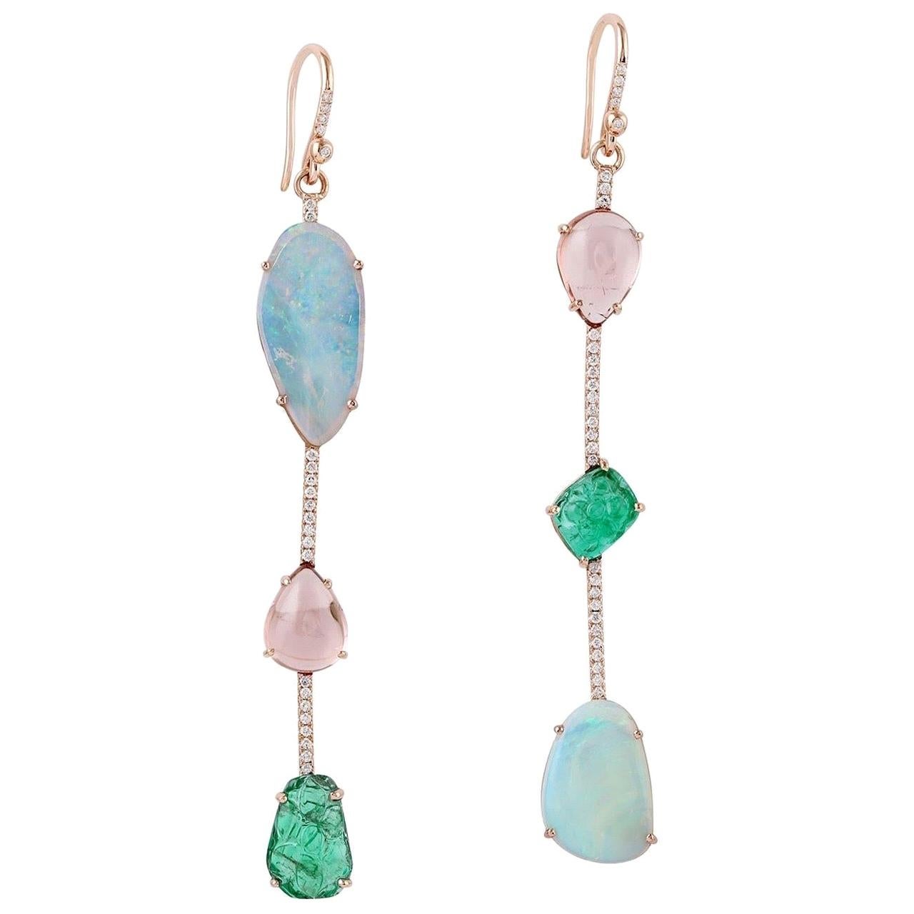 Emerald Opal Tourmaline 18 Karat Gold Linear Diamond Earrings For Sale
