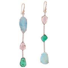 Emerald Opal Tourmaline 18 Karat Gold Linear Diamond Earrings