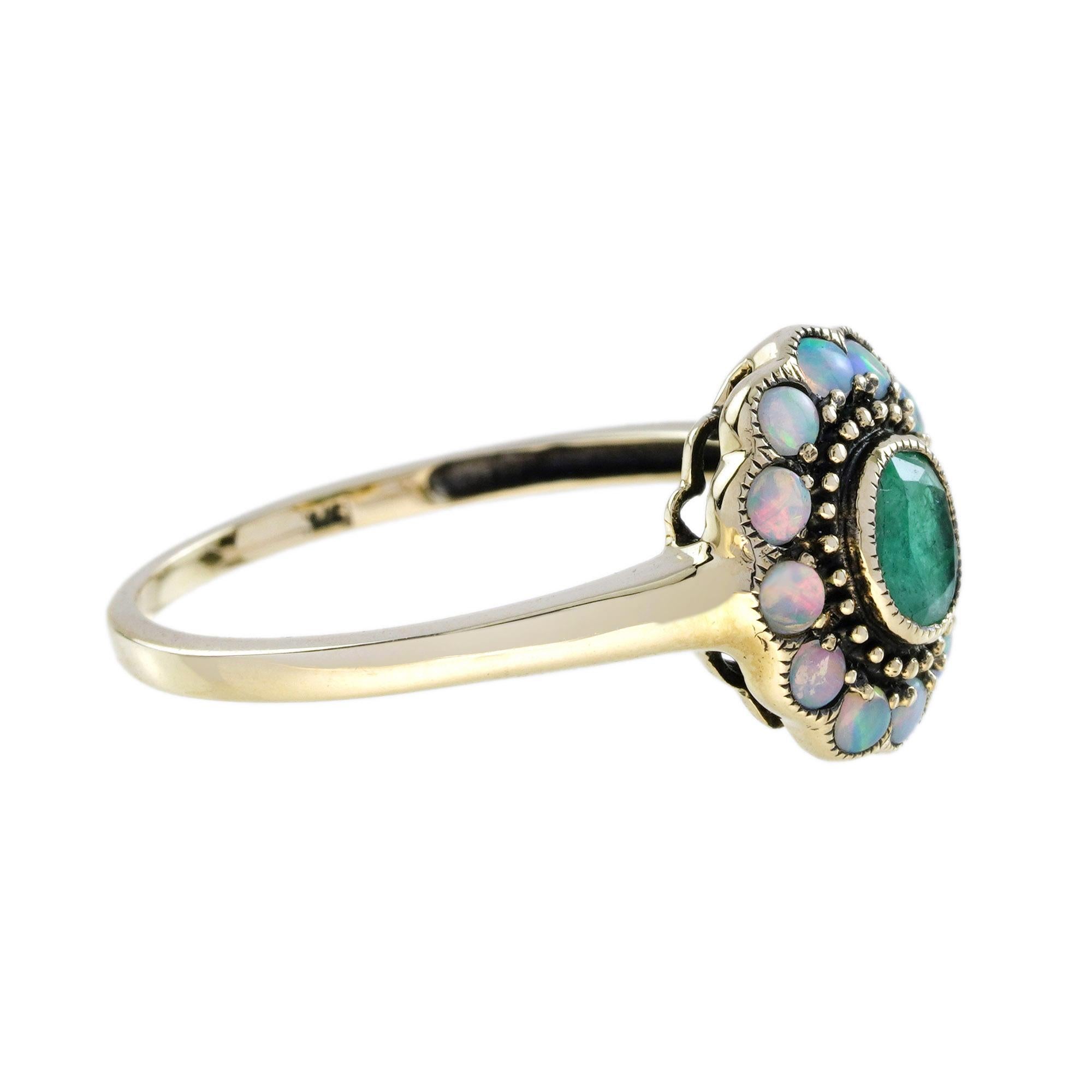 Smaragd & Opal Vintage Style Floral Halo Gelbgold Ring (Art déco) im Angebot