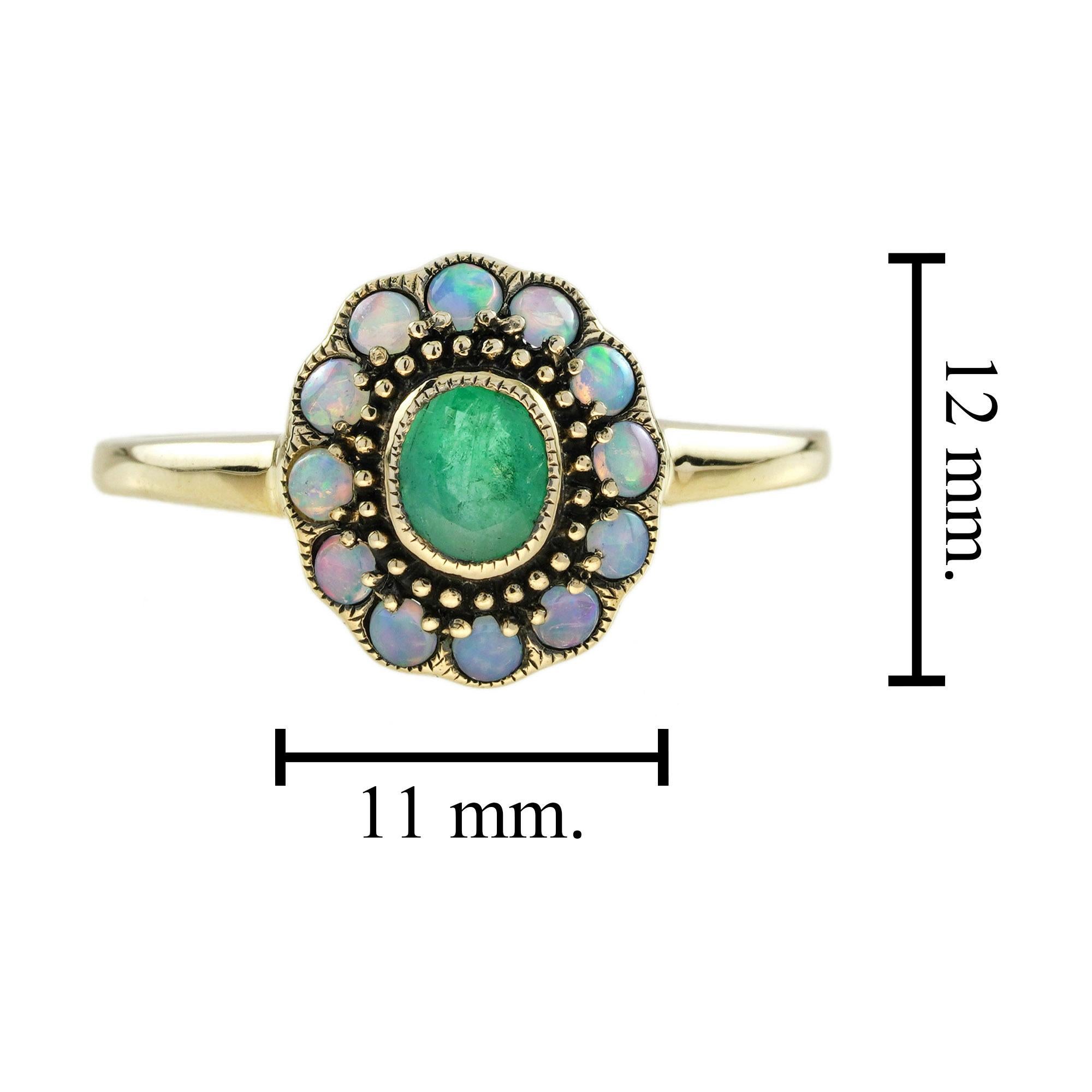 Smaragd & Opal Vintage Style Floral Halo Gelbgold Ring Damen im Angebot