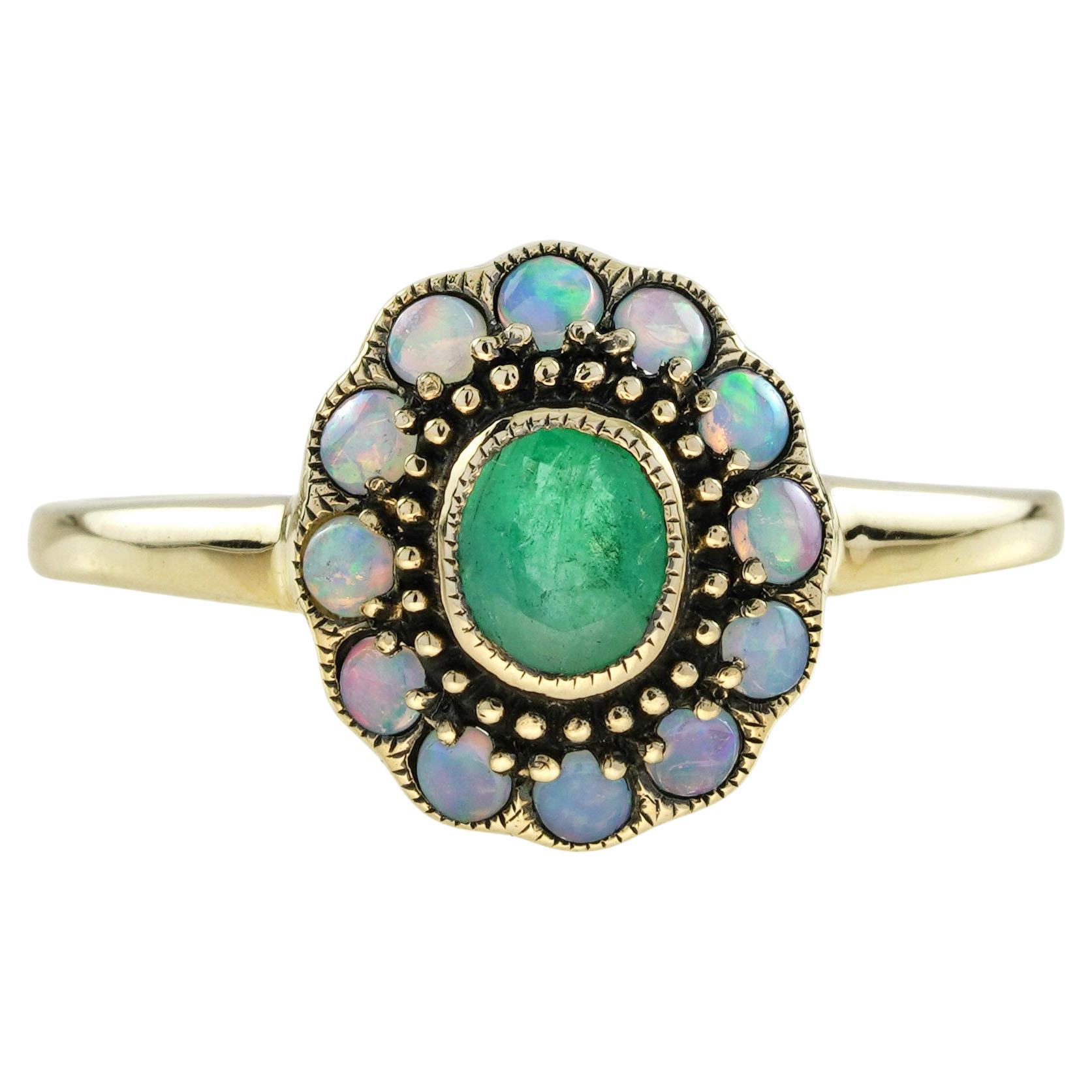 Smaragd & Opal Vintage Style Floral Halo Gelbgold Ring