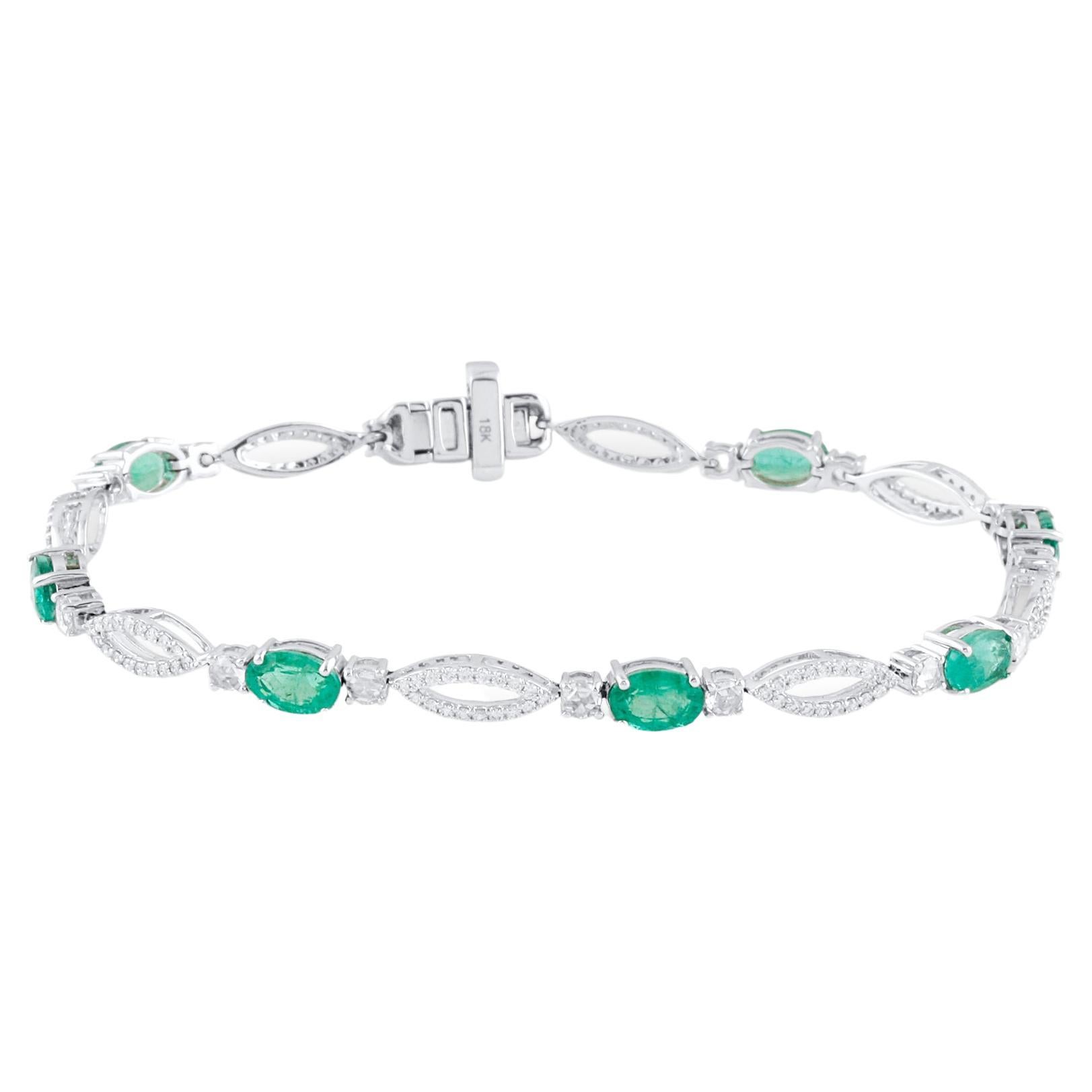 Emerald Oval and Diamond Bracelet in 18K White Gold For Sale