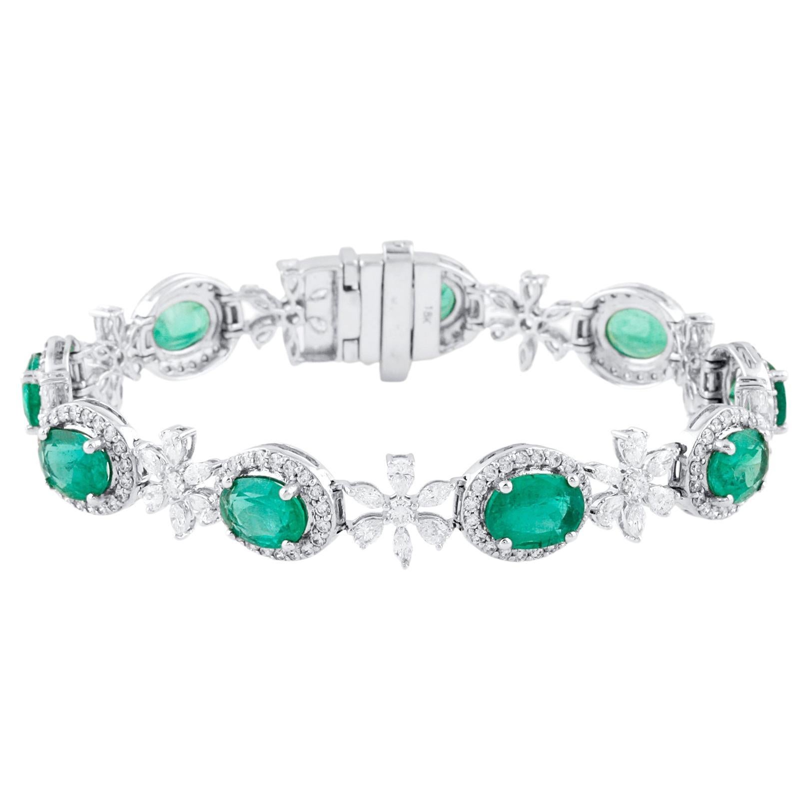 Emerald Oval and Diamond Bracelet in 18K White Gold For Sale