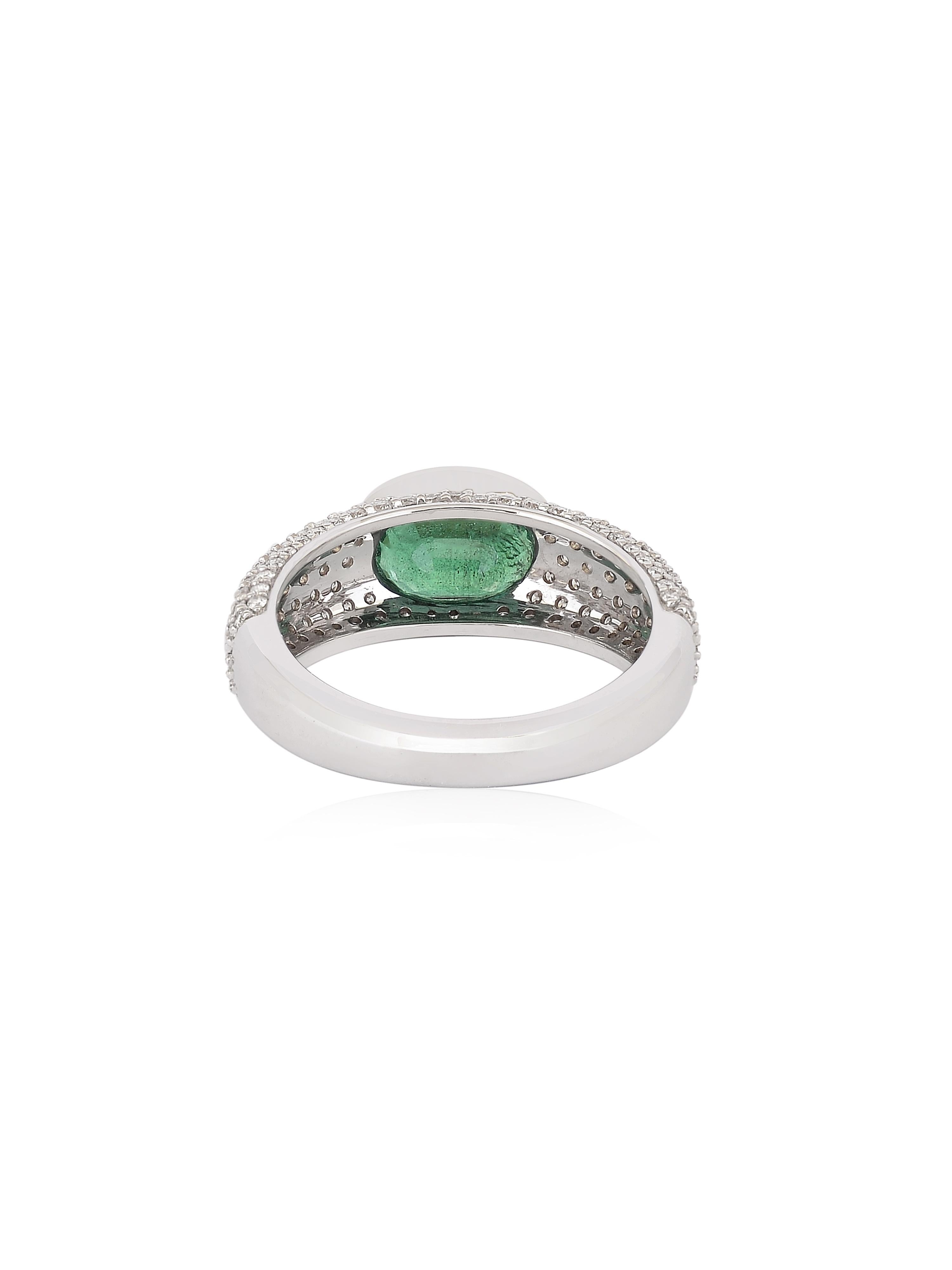 Oval Cut Emerald Oval and Diamond classic ring in 18K White Gold  For Sale