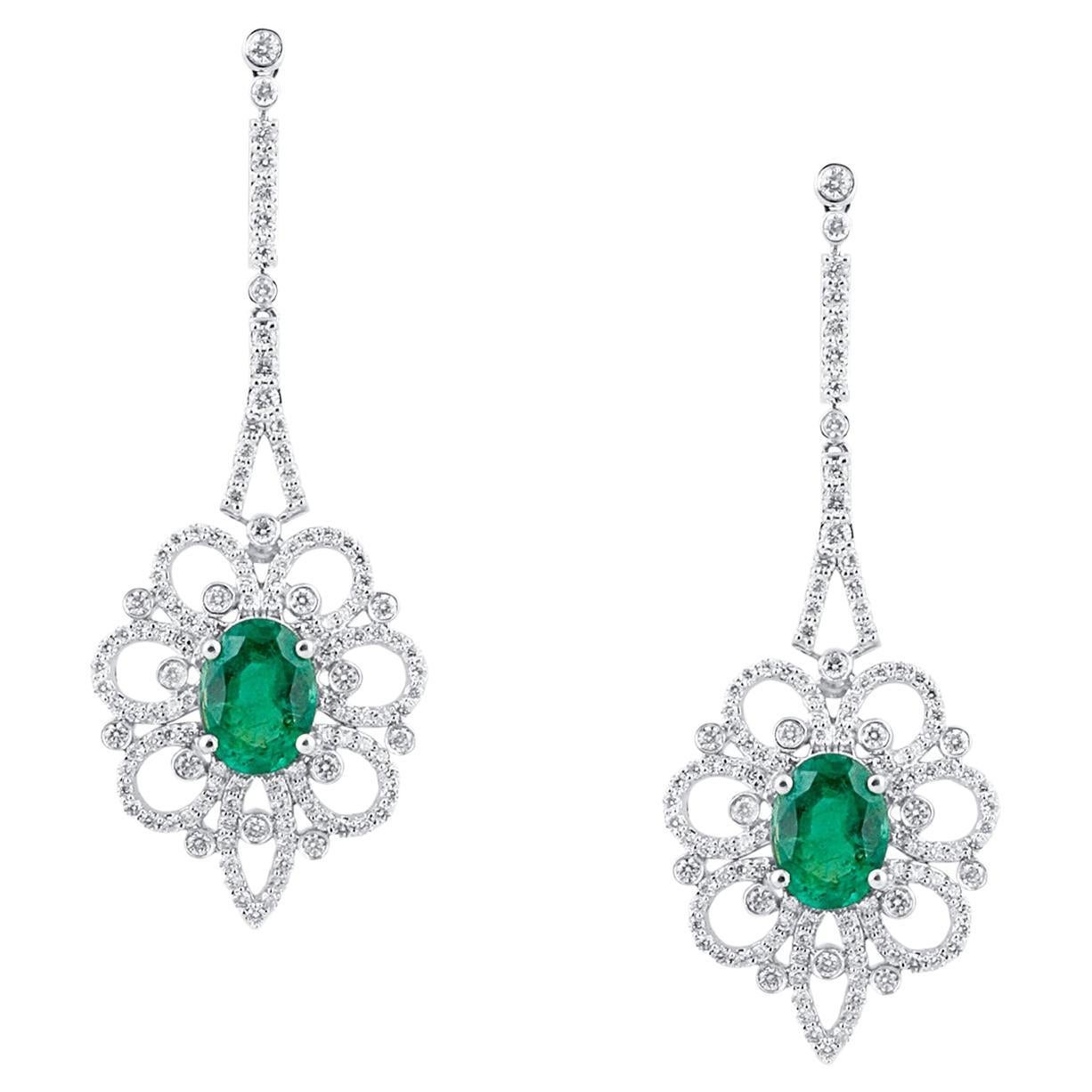 Emerald Oval and Diamond Earring in 18K White Gold For Sale