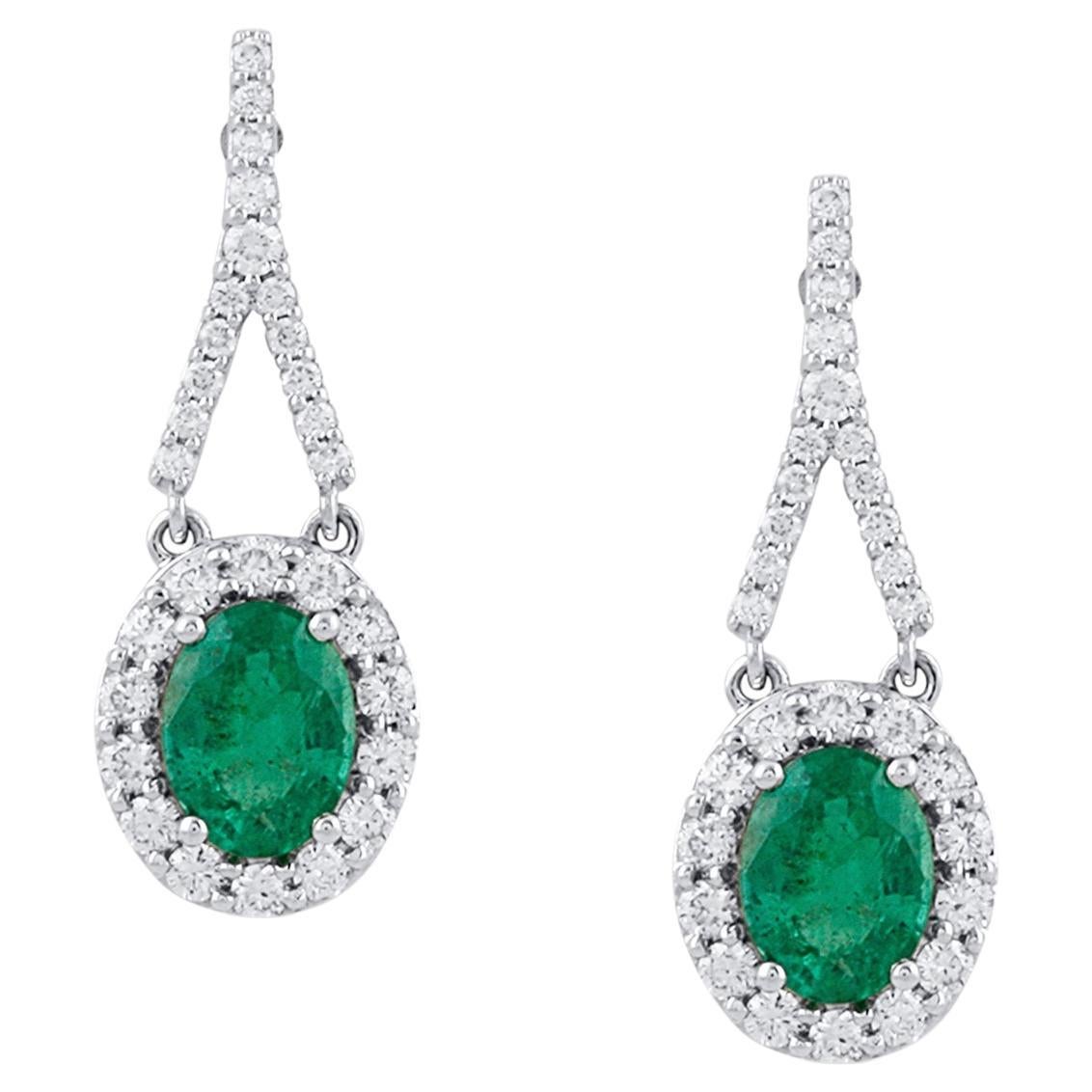 Emerald Oval and Diamond Earring in 18K White Gold For Sale