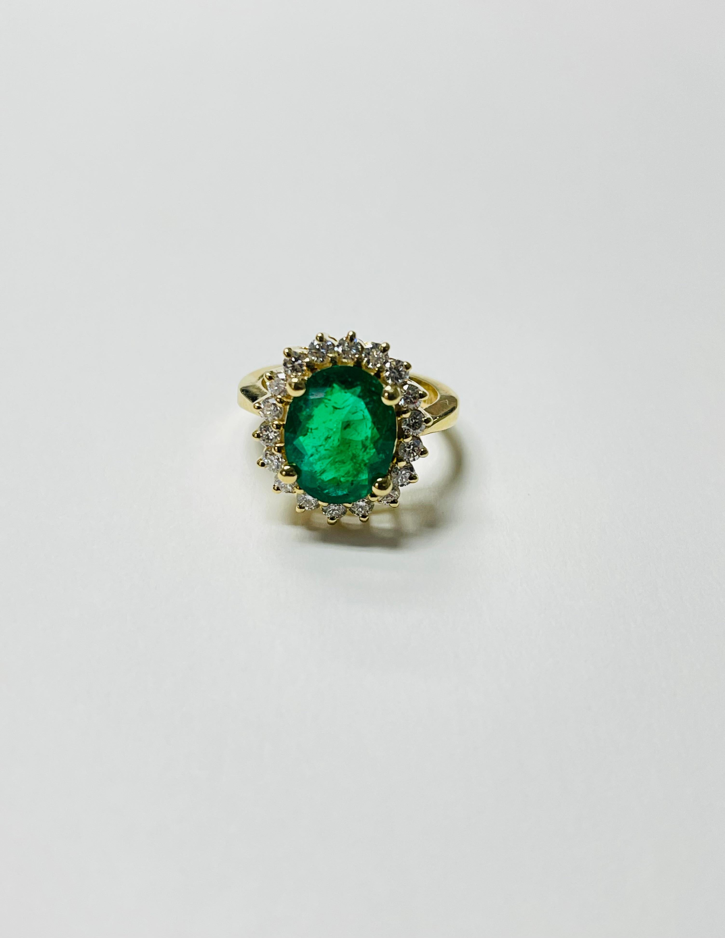 Oval Emerald And Diamond Engagement Ring beautifully handcrafted in 18k yellow gold. 
The details are as follows : 

Emerald weight : 2.66 Carat 
Diamond weight : 0.82 carat ( G color and VS clarity ) 
Gold : 7 grams 
