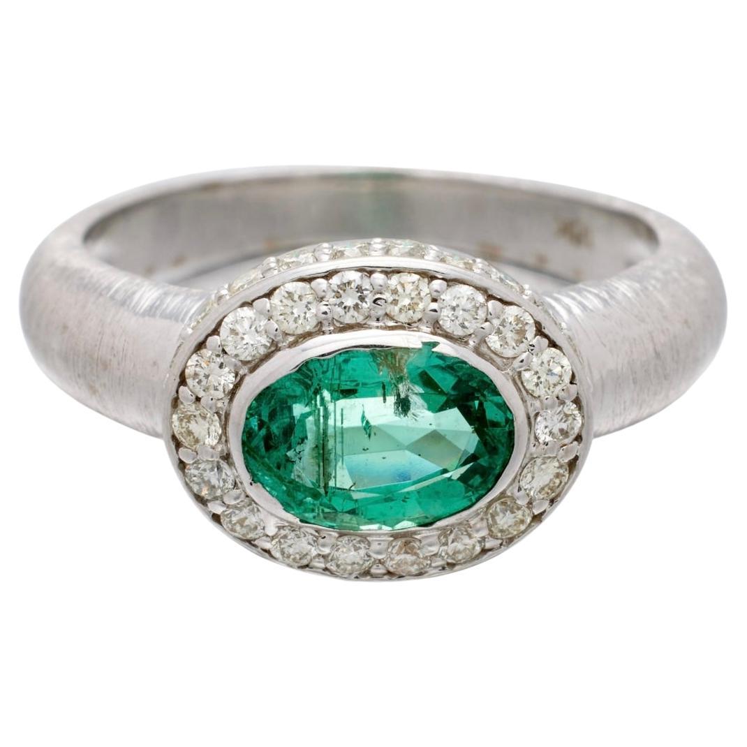 Emerald oval and Diamond Engagement Ring In 18K White Gold.  For Sale
