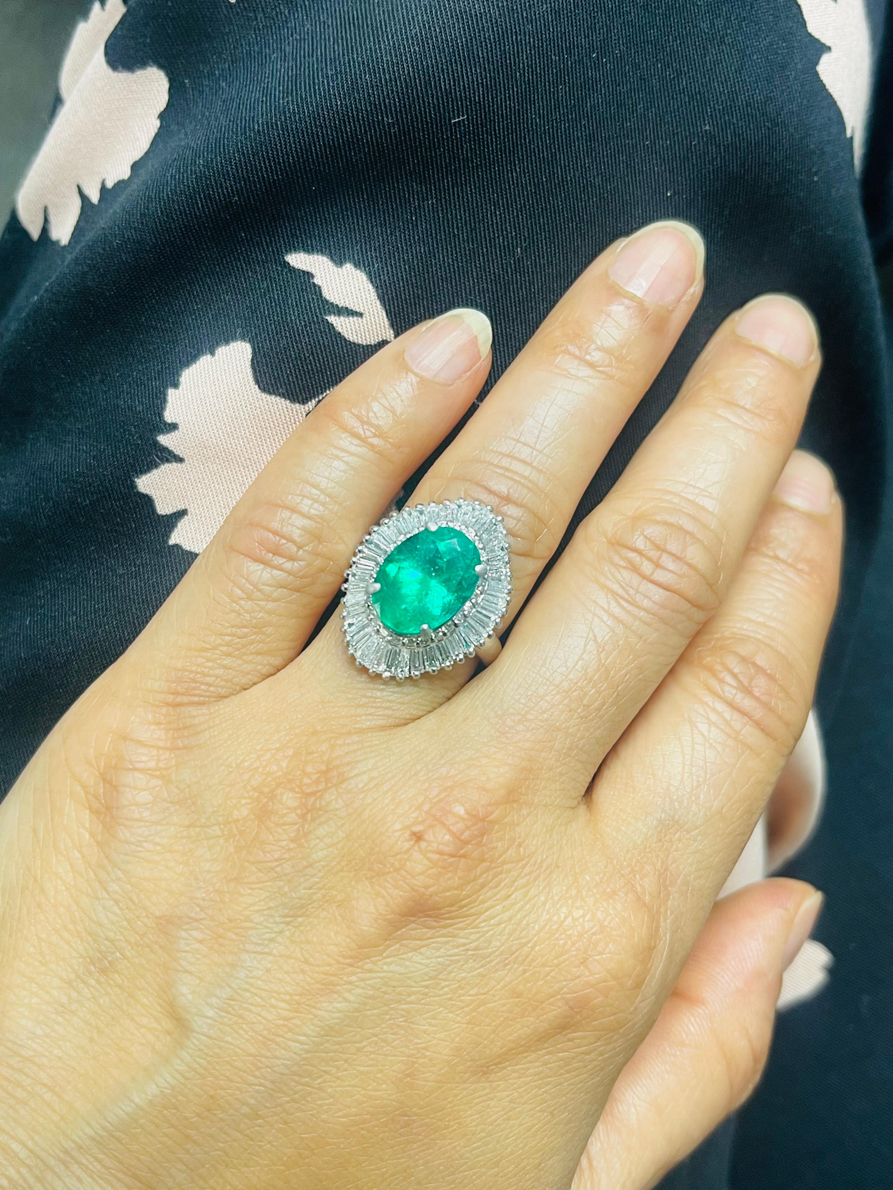 Emerald Oval and Diamond Engagement Ring In Gold. For Sale 3