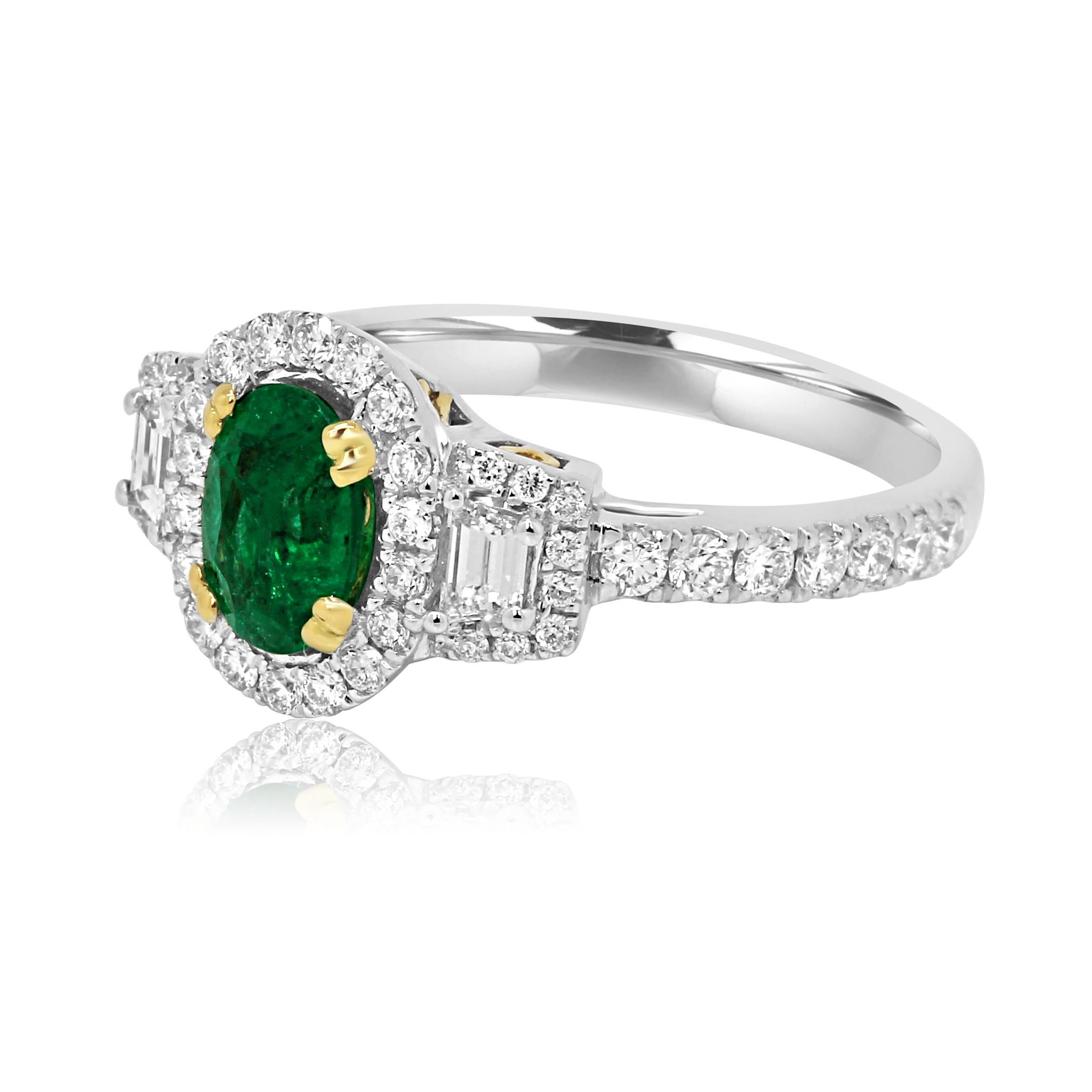 Contemporary Emerald Oval and Diamond Halo Three-Stone Two-Color Gold Bridal Fashion Ring