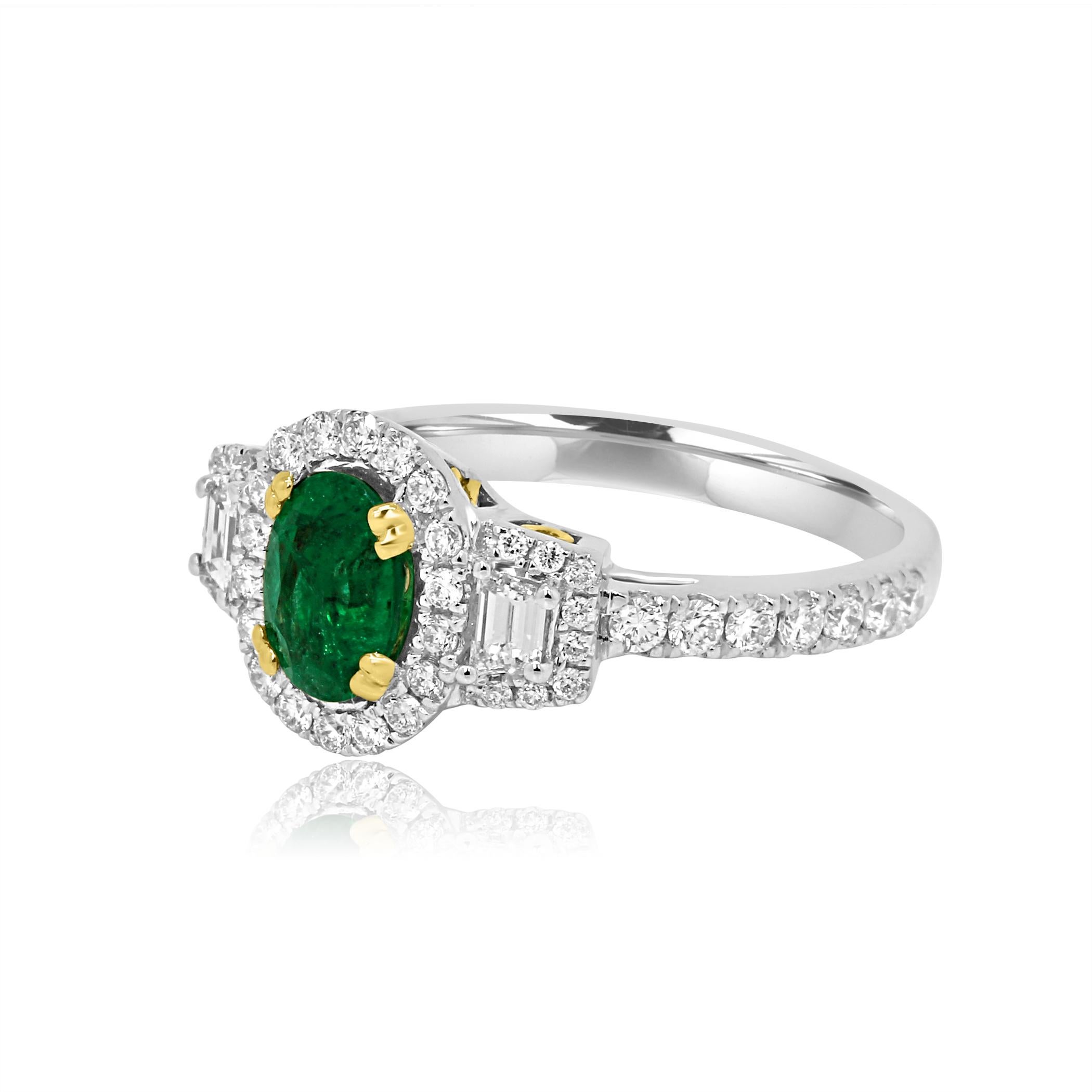 Oval Cut Emerald Oval and Diamond Halo Three-Stone Two-Color Gold Bridal Fashion Ring
