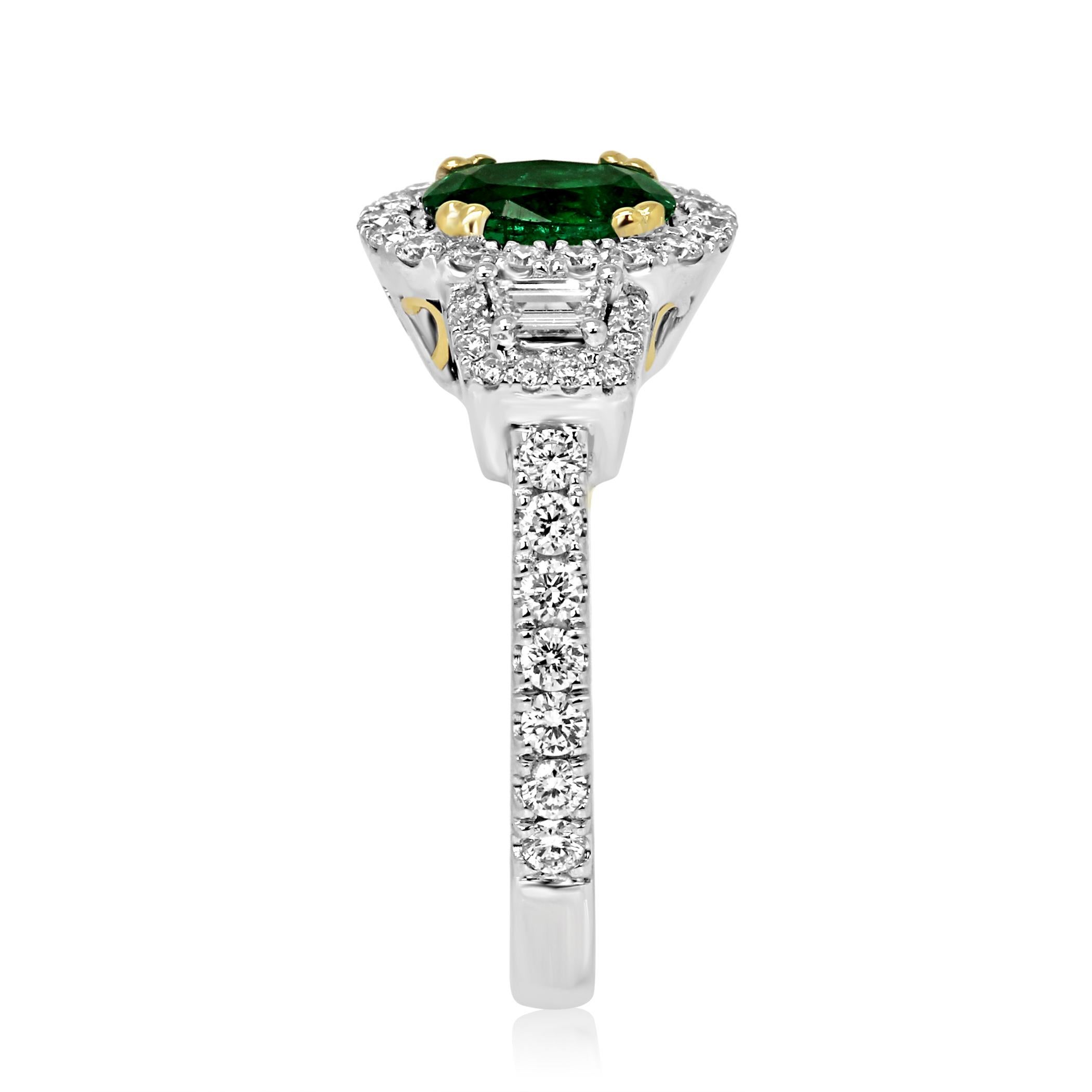 Emerald Oval and Diamond Halo Three-Stone Two-Color Gold Bridal Fashion Ring In New Condition In NEW YORK, NY