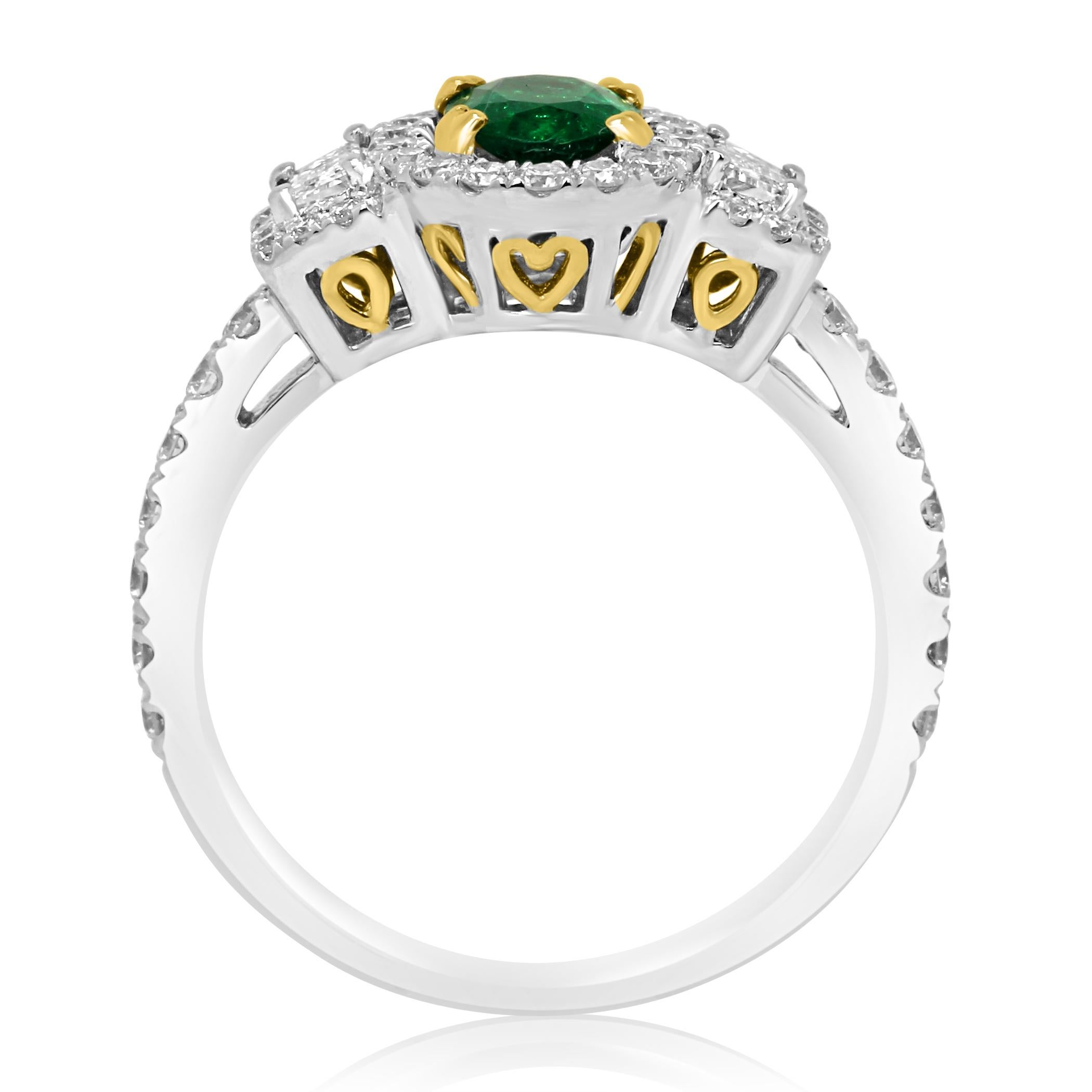 Women's or Men's Emerald Oval and Diamond Halo Three-Stone Two-Color Gold Bridal Fashion Ring