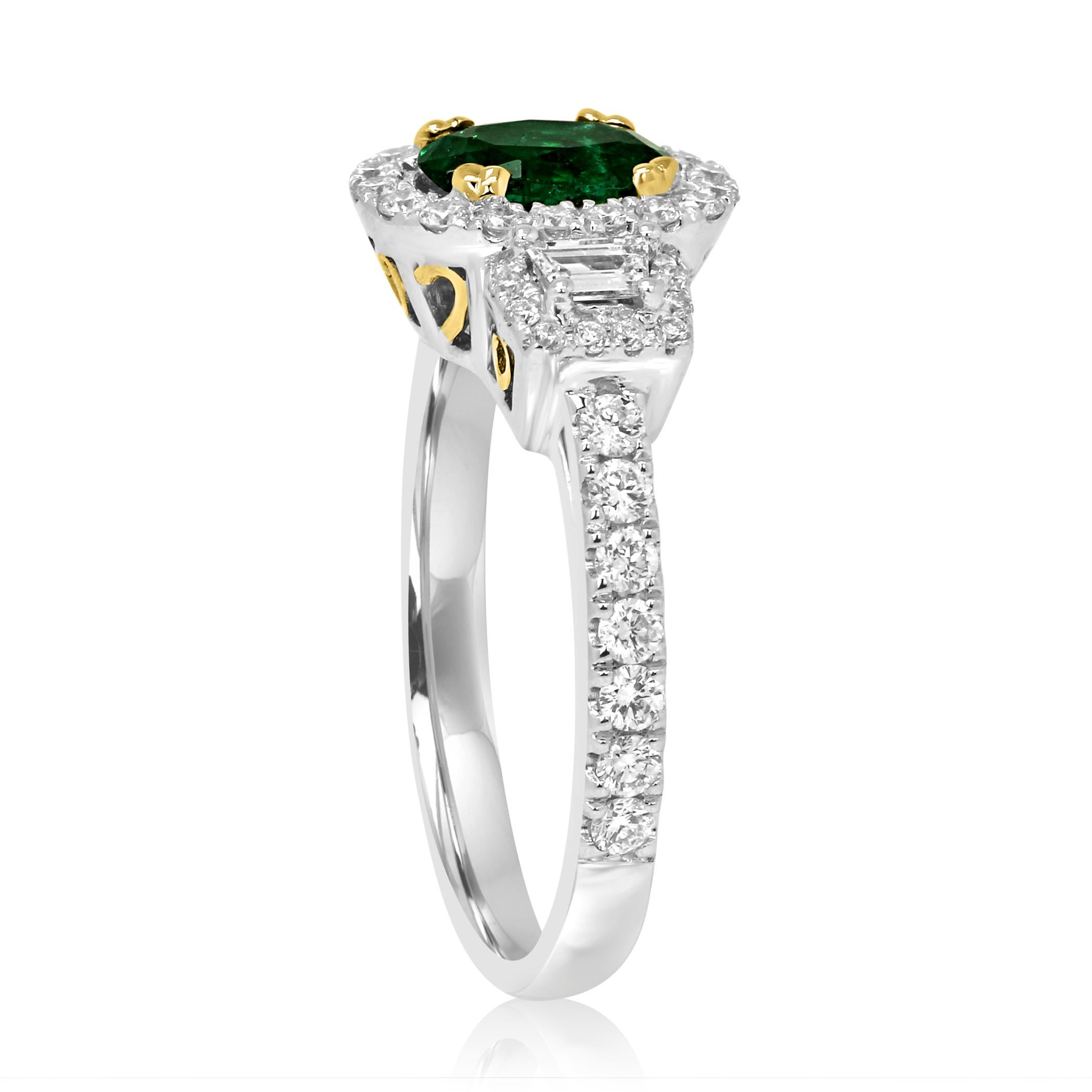 Emerald Oval and Diamond Halo Three-Stone Two-Color Gold Bridal Fashion Ring 1