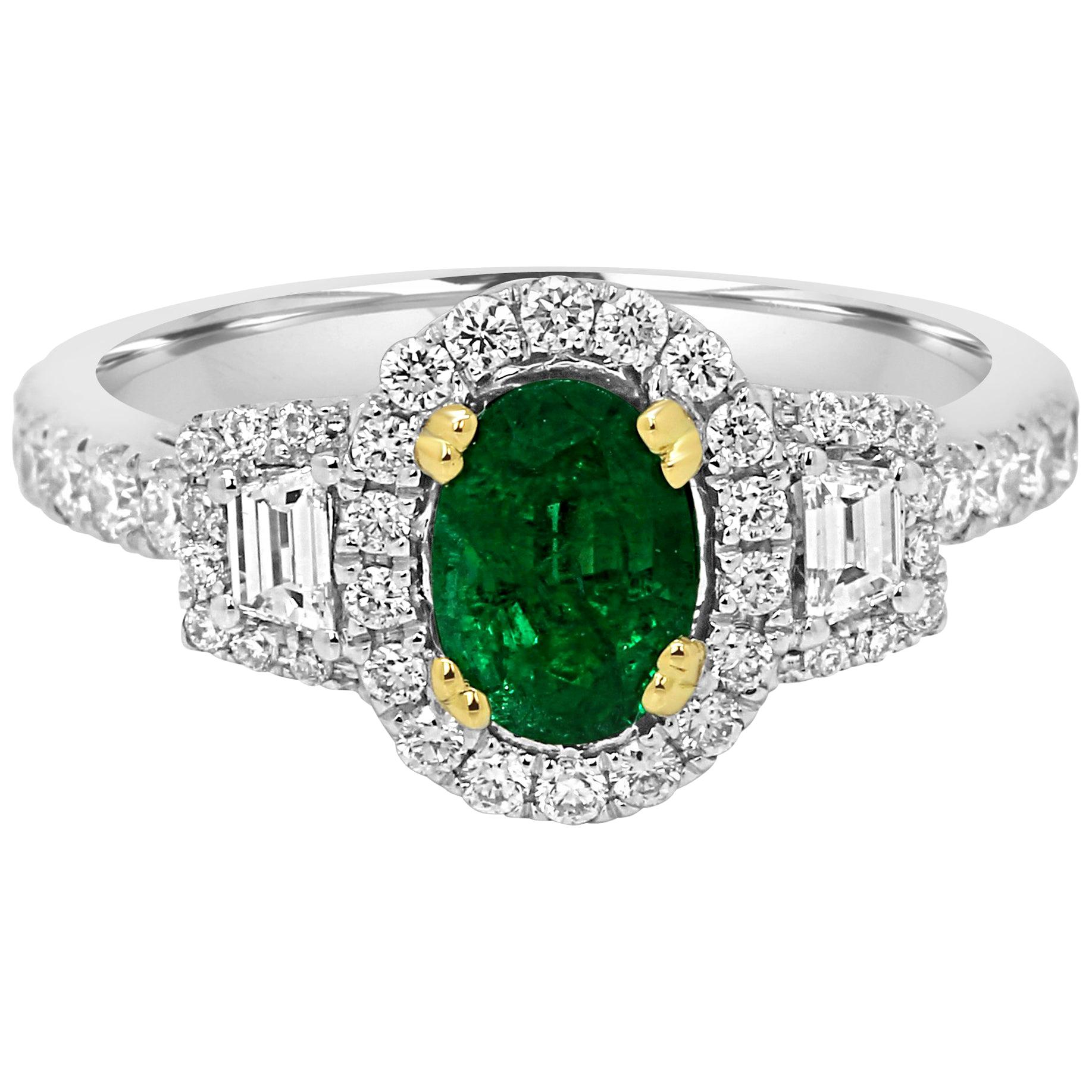 Emerald Oval and Diamond Halo Three-Stone Two-Color Gold Bridal Fashion Ring