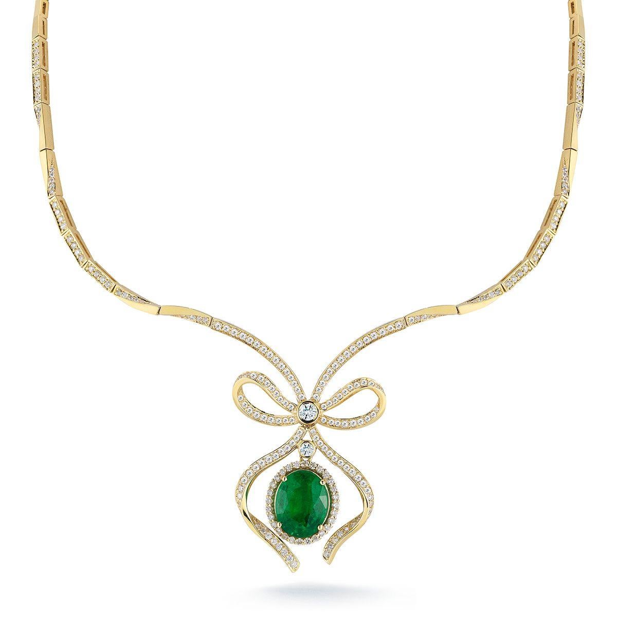  14k Yellow Gold 4.09ct Emerald Oval And 2.54ct Diamond Necklace

A unique design featuring a dynamic wrapped diamond necklace with a
pretty emerald bow as the centerpiece.
Item: # 02102
Metal: 14k Y
Color Weight: 4.09 ct.
Diamond Weight: 2.54 ct.