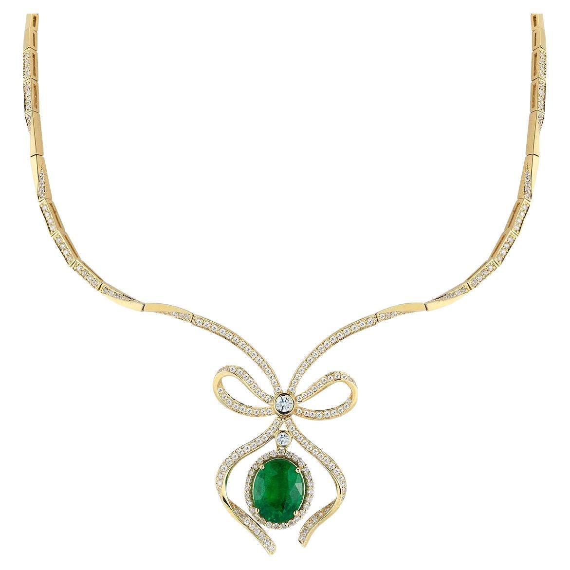  14k Yellow Gold 4.09ct Emerald Oval And 2.54ct Diamond Necklace For Sale