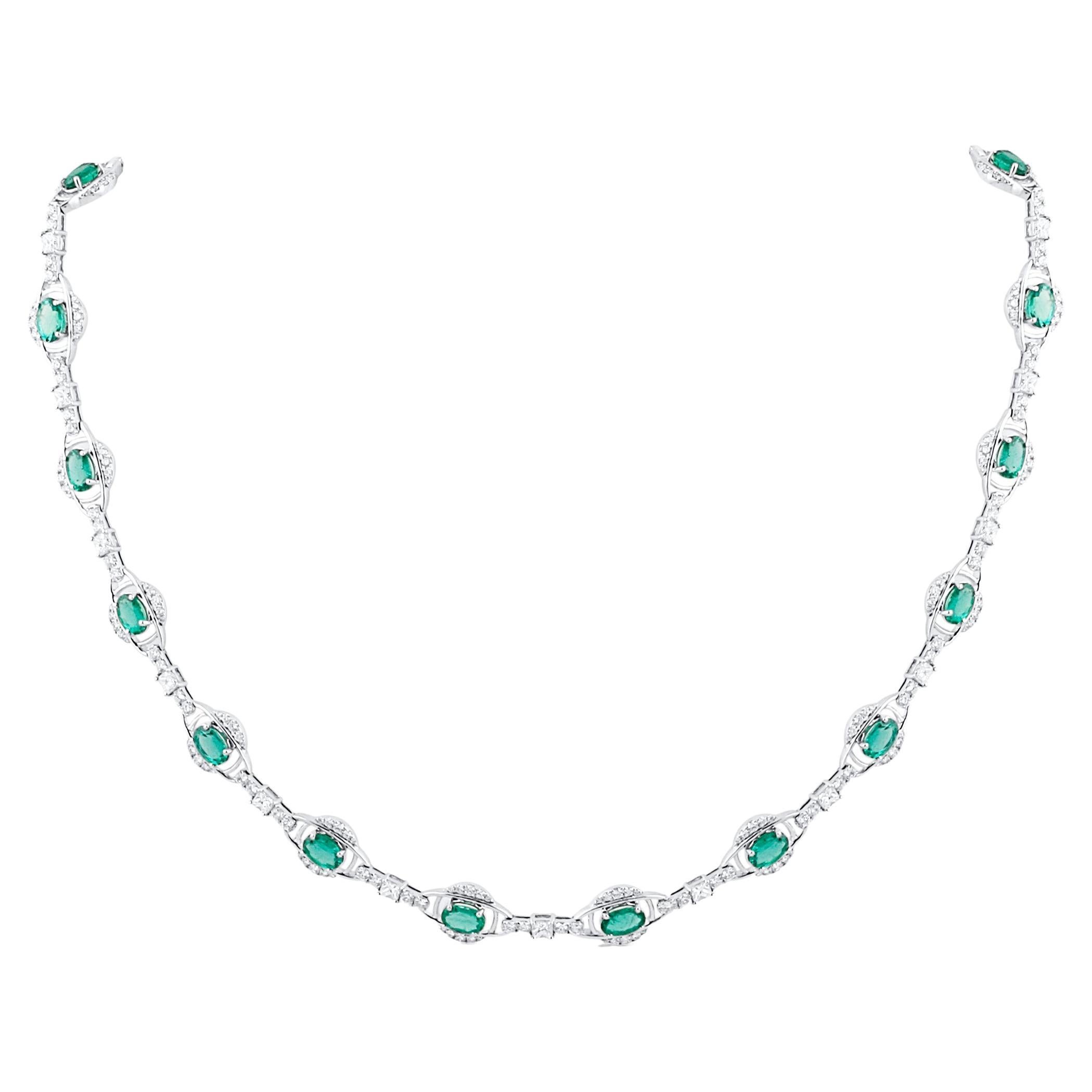 Emerald Oval And Diamond Necklace In 18K White Gold For Sale