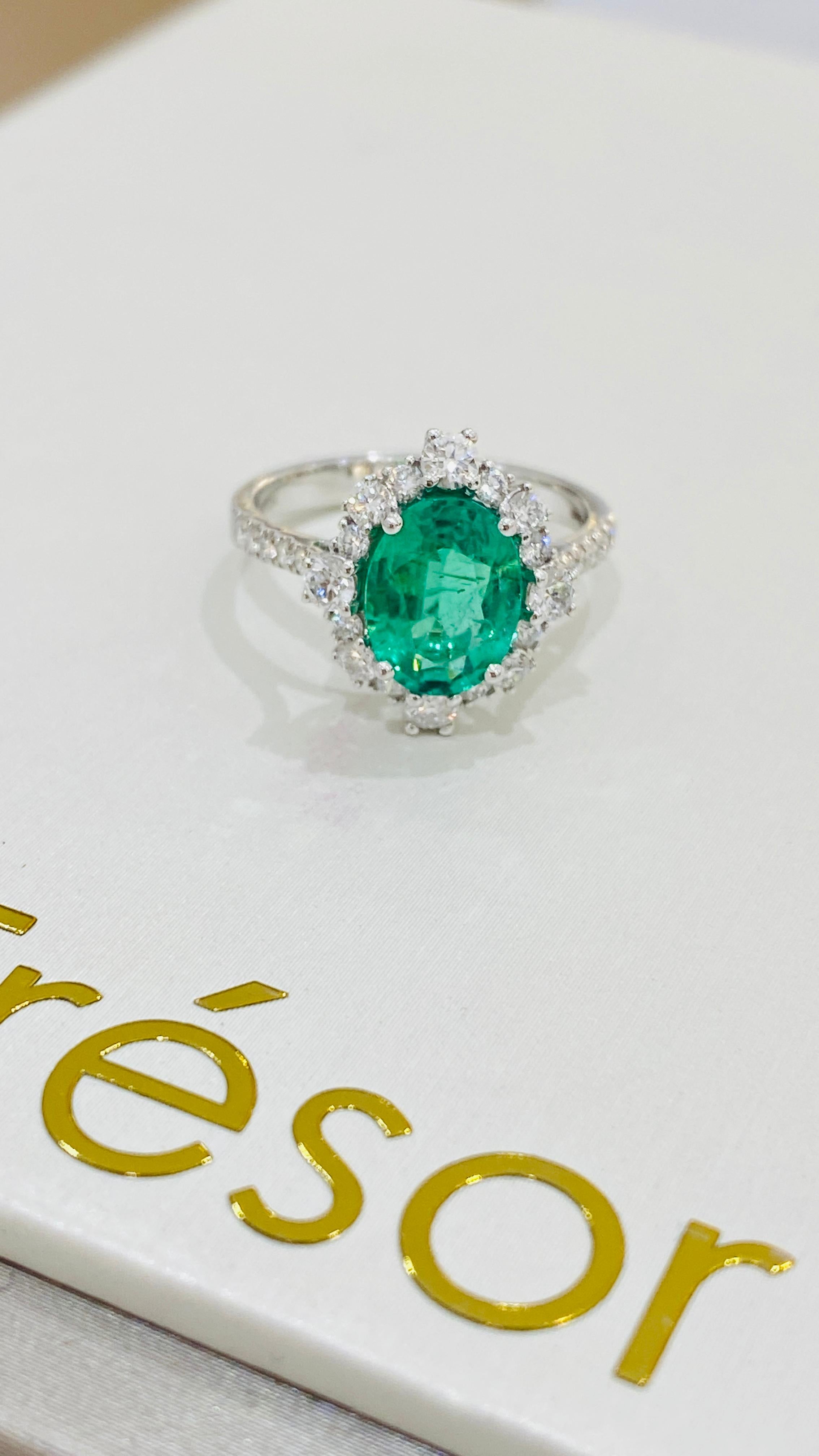 Women's Emerald Oval and Diamond Ring in 18K White Gold For Sale