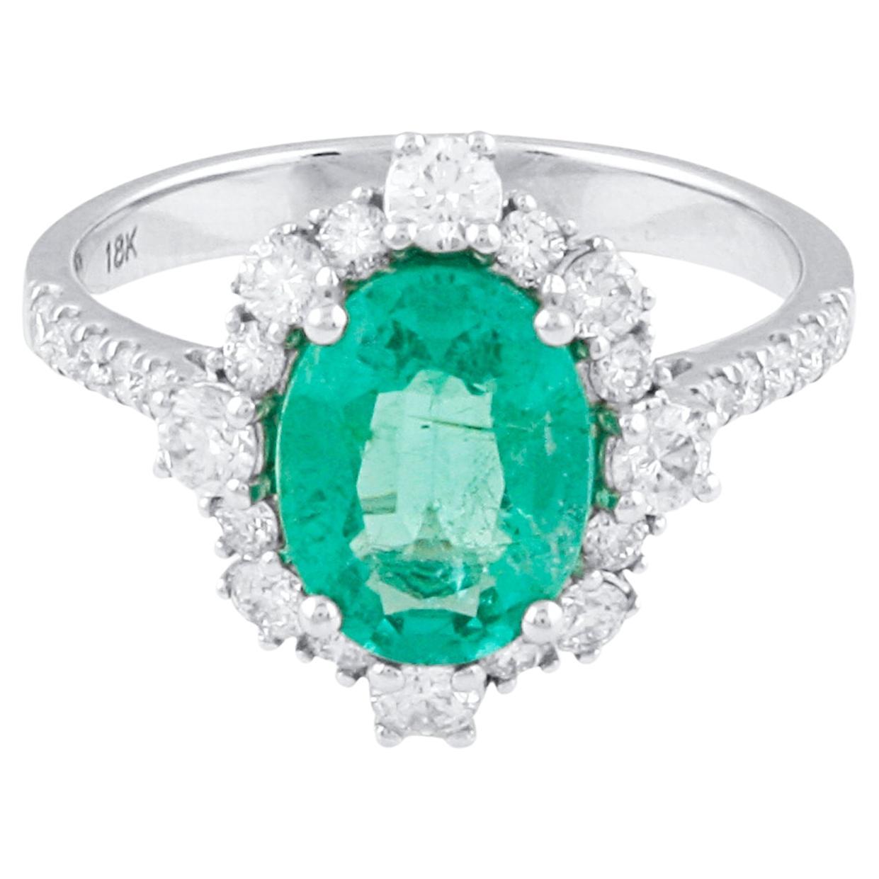 Emerald Oval and Diamond Ring in 18K White Gold For Sale