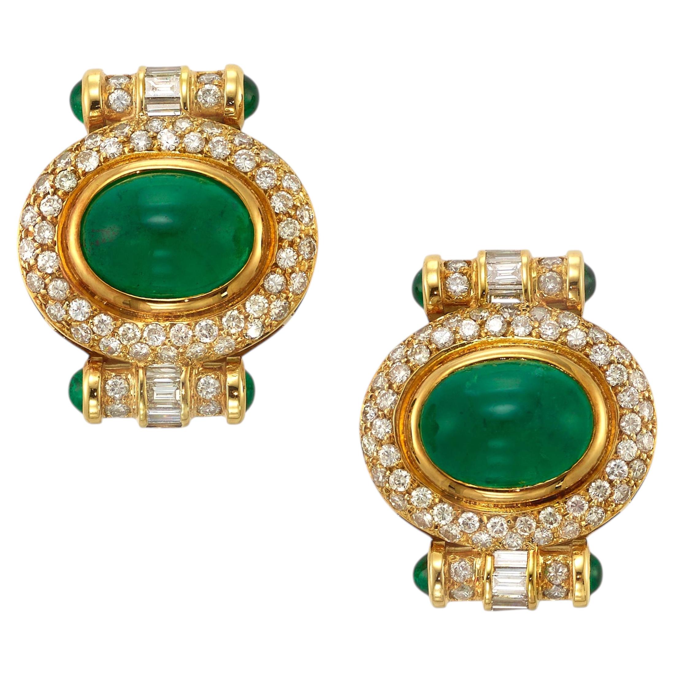 Vintage Emerald Oval And Diamond Stud Earrings In 18 Karat Yellow Gold. For Sale