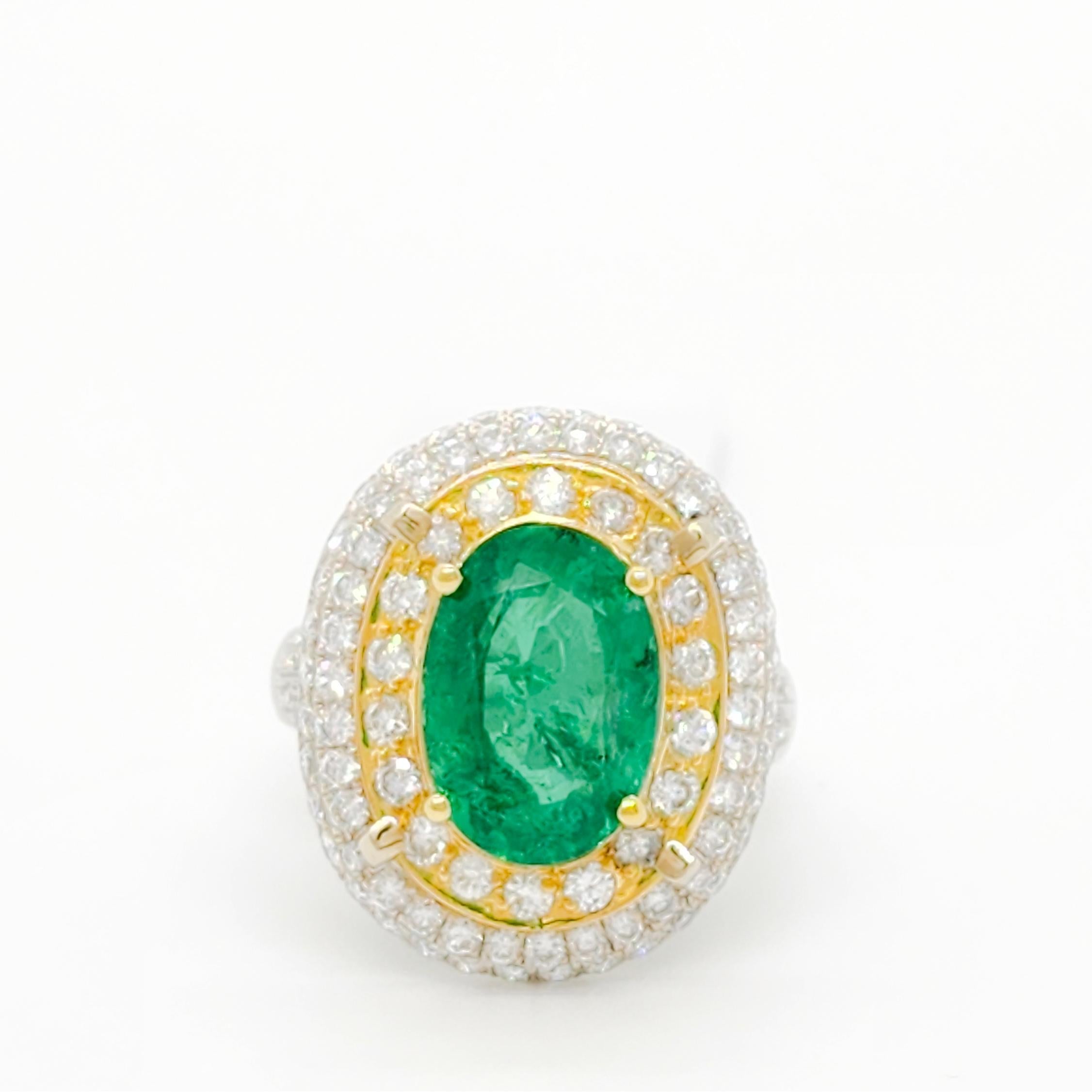 Oval Cut Emerald Oval and Double Halo White Diamond Cocktail Ring in 14k For Sale