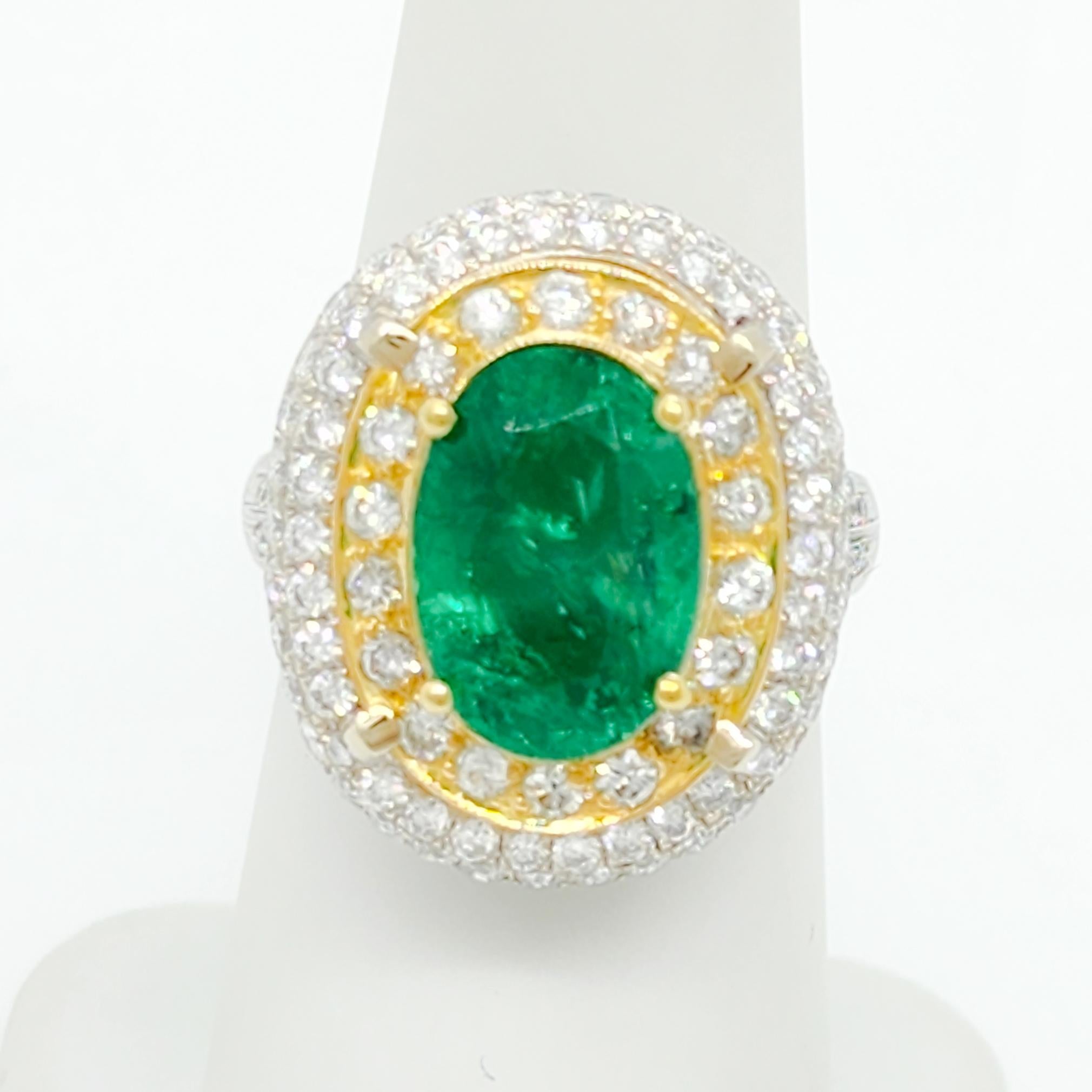 Emerald Oval and Double Halo White Diamond Cocktail Ring in 14k In New Condition For Sale In Los Angeles, CA