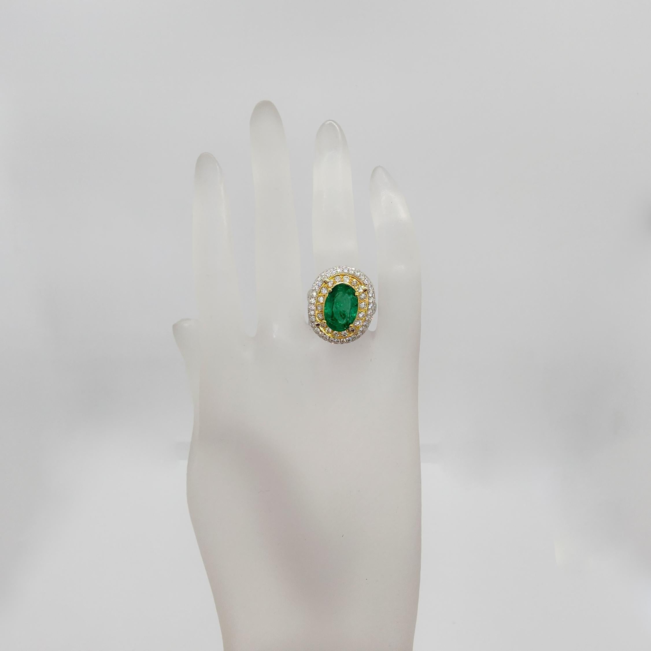 Emerald Oval and Double Halo White Diamond Cocktail Ring in 14k For Sale 1