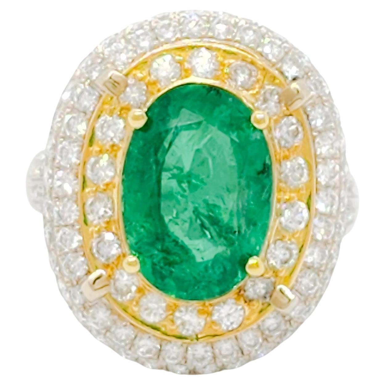 Emerald Oval and Double Halo White Diamond Cocktail Ring in 14k For Sale